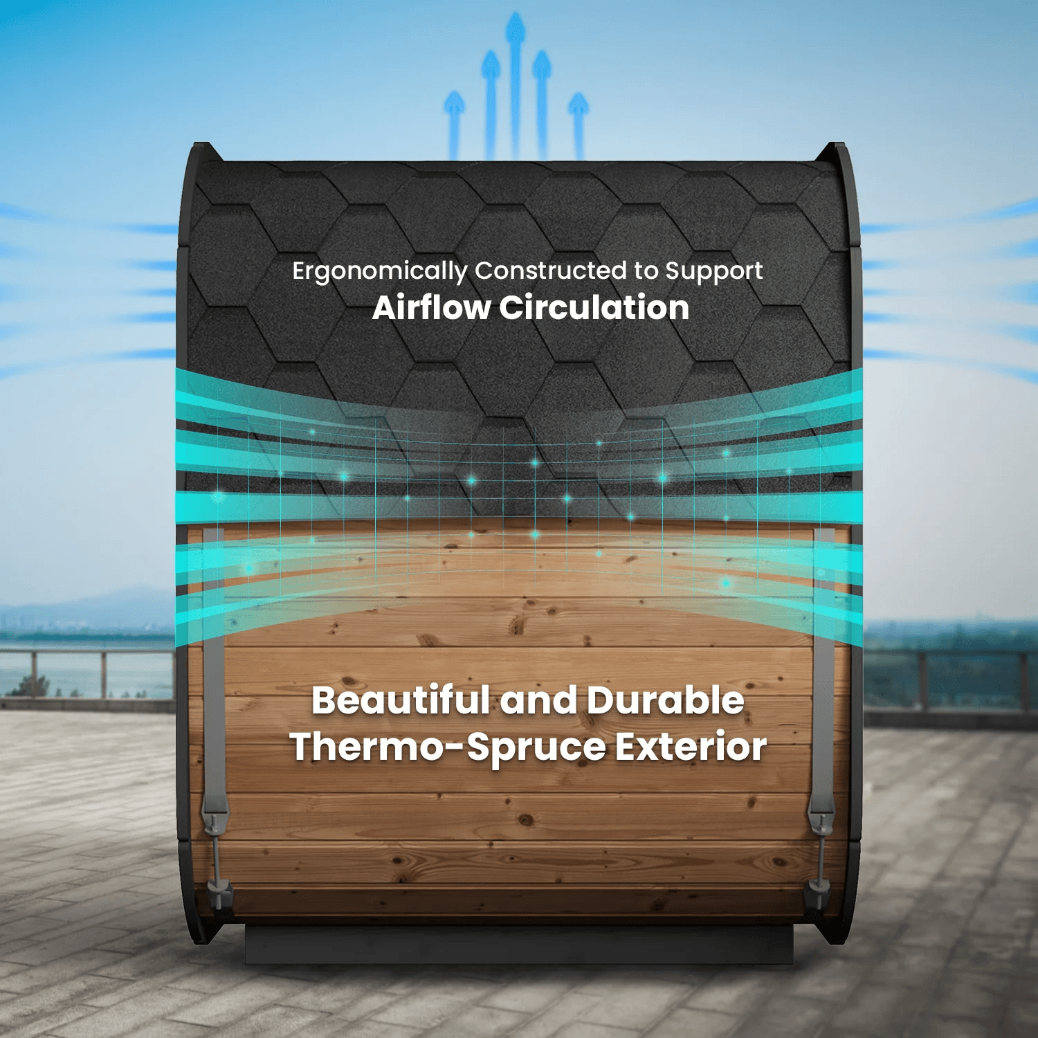 SaunaLife CL5G outdoor sauna kit showcasing ergonomically constructed design and thermo-spruce exterior.