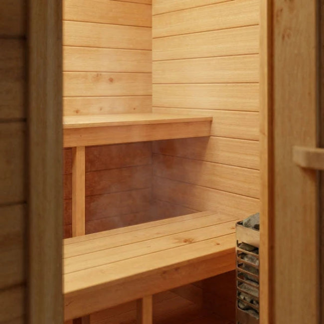 Dundalk Leisurecraft Canadian Timber 4 Person Palmer Outdoor Traditional Cabin Sauna With Roof Overhang | CTC68