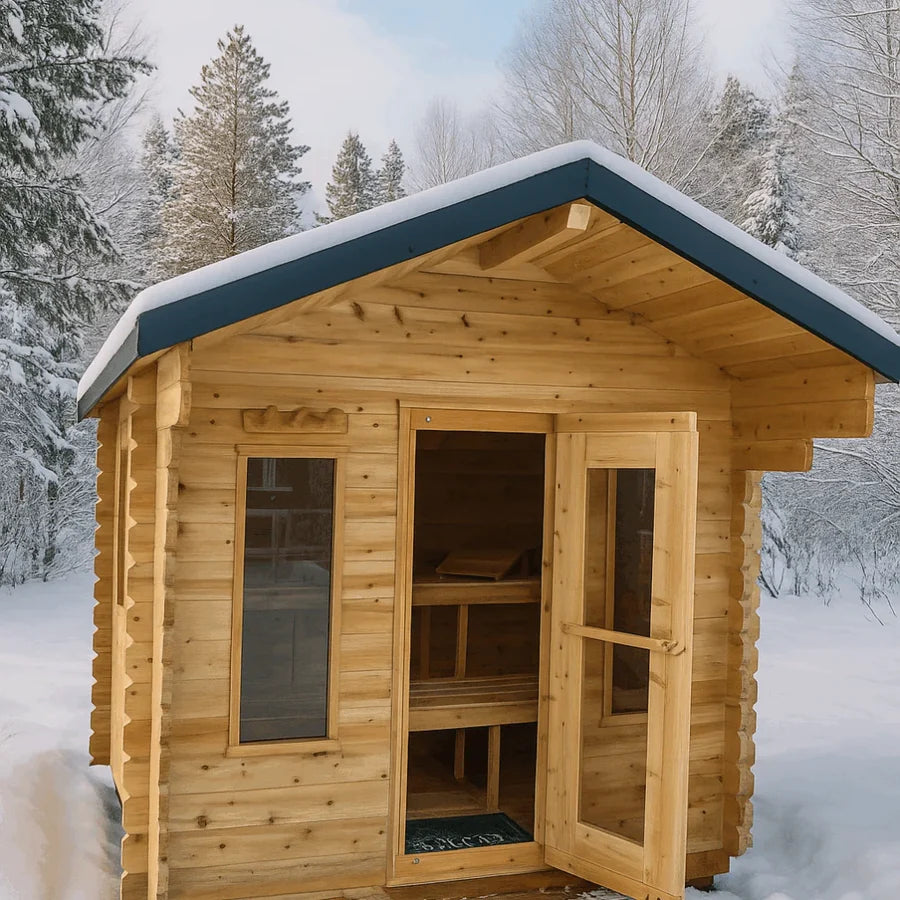 Dundalk Leisurecraft Canadian Timber 4 Person Palmer Outdoor Traditional Cabin Sauna With Roof Overhang | CTC68