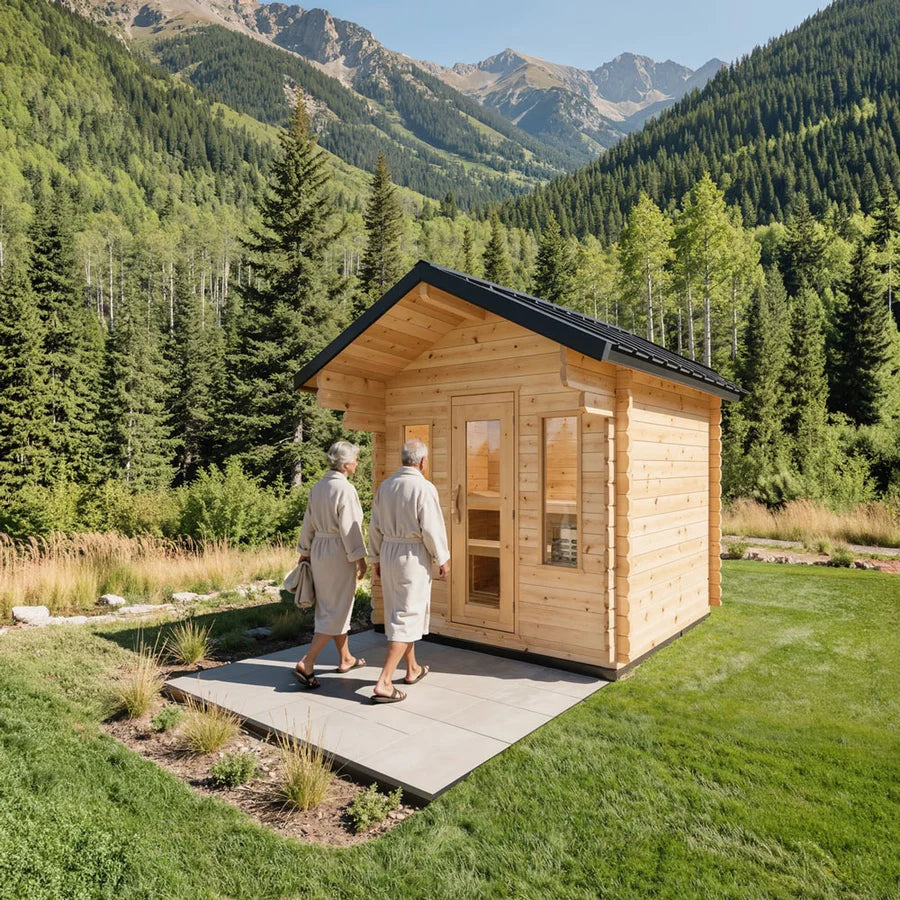 Dundalk Leisurecraft Canadian Timber 4 Person Palmer Outdoor Traditional Cabin Sauna With Roof Overhang | CTC68