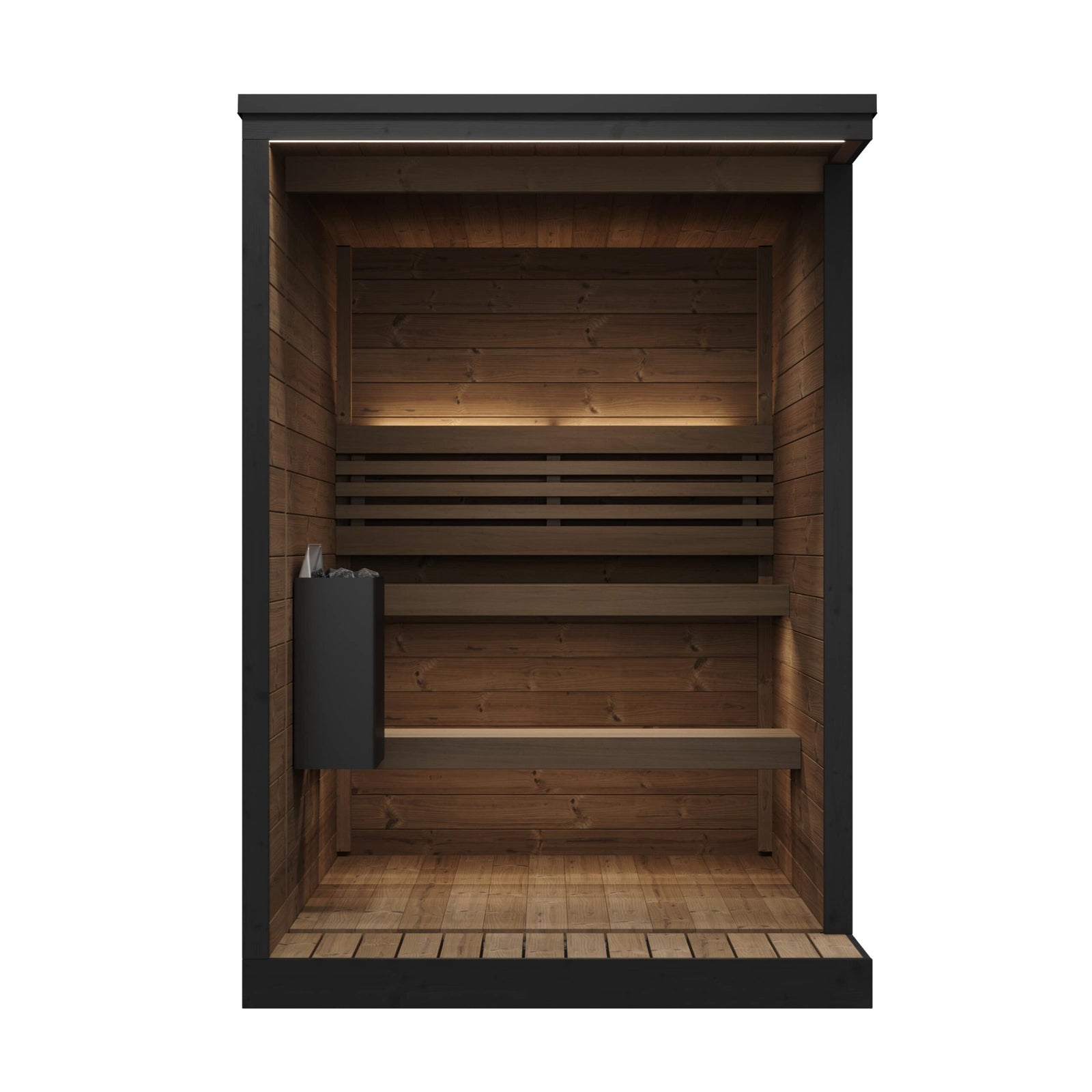 SaunaLife GL4 wooden sauna with black frame on a white background.