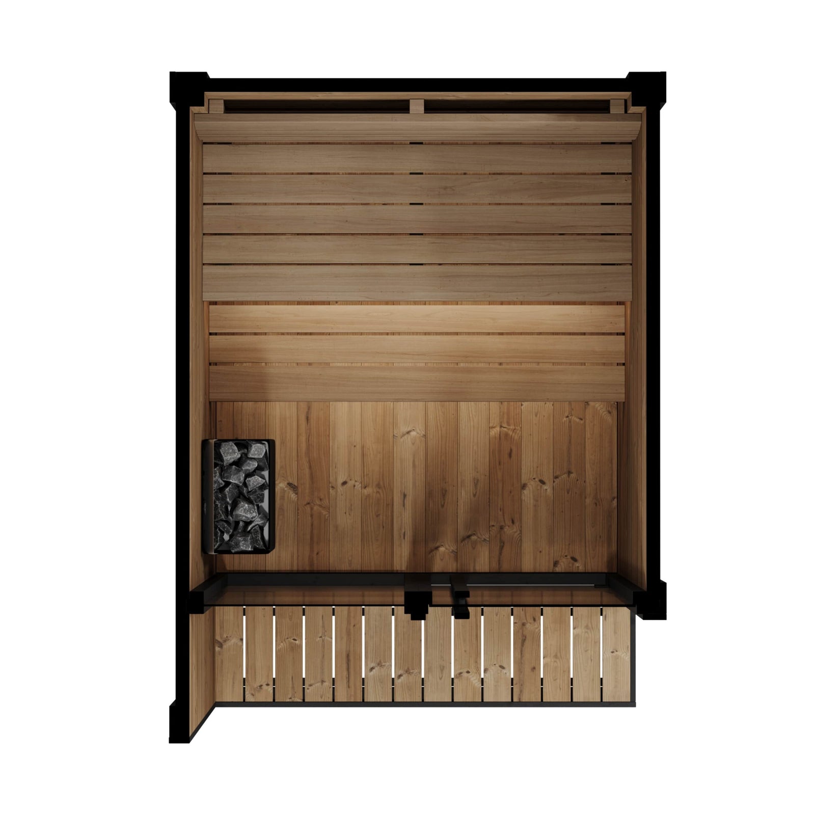 Saunalife GL4 sauna kit's floorplan, a wooden sauna with black frame on a white background.
