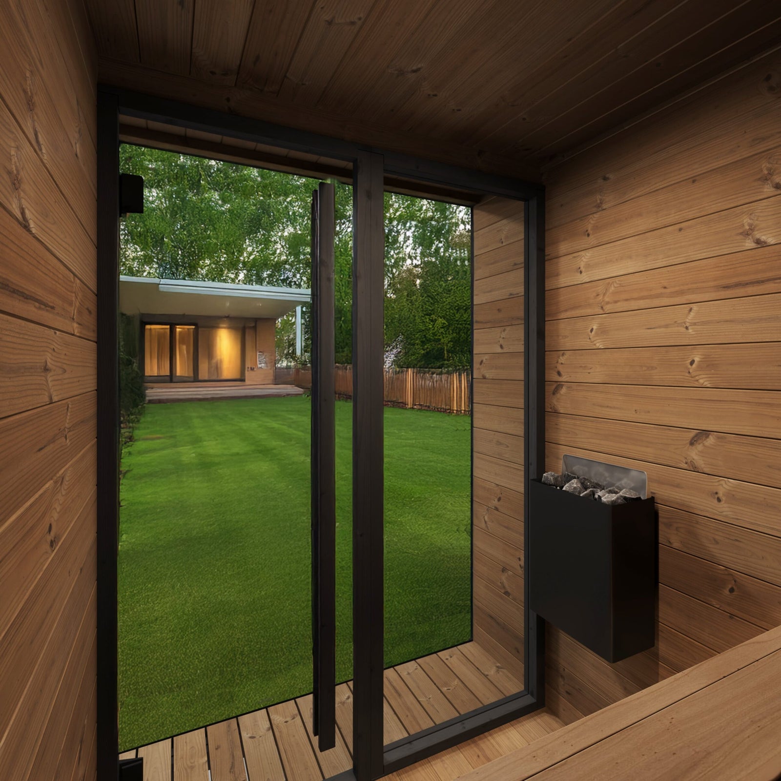 GL4G wooden sauna cabin interior with a view of a grassy yard and another house.