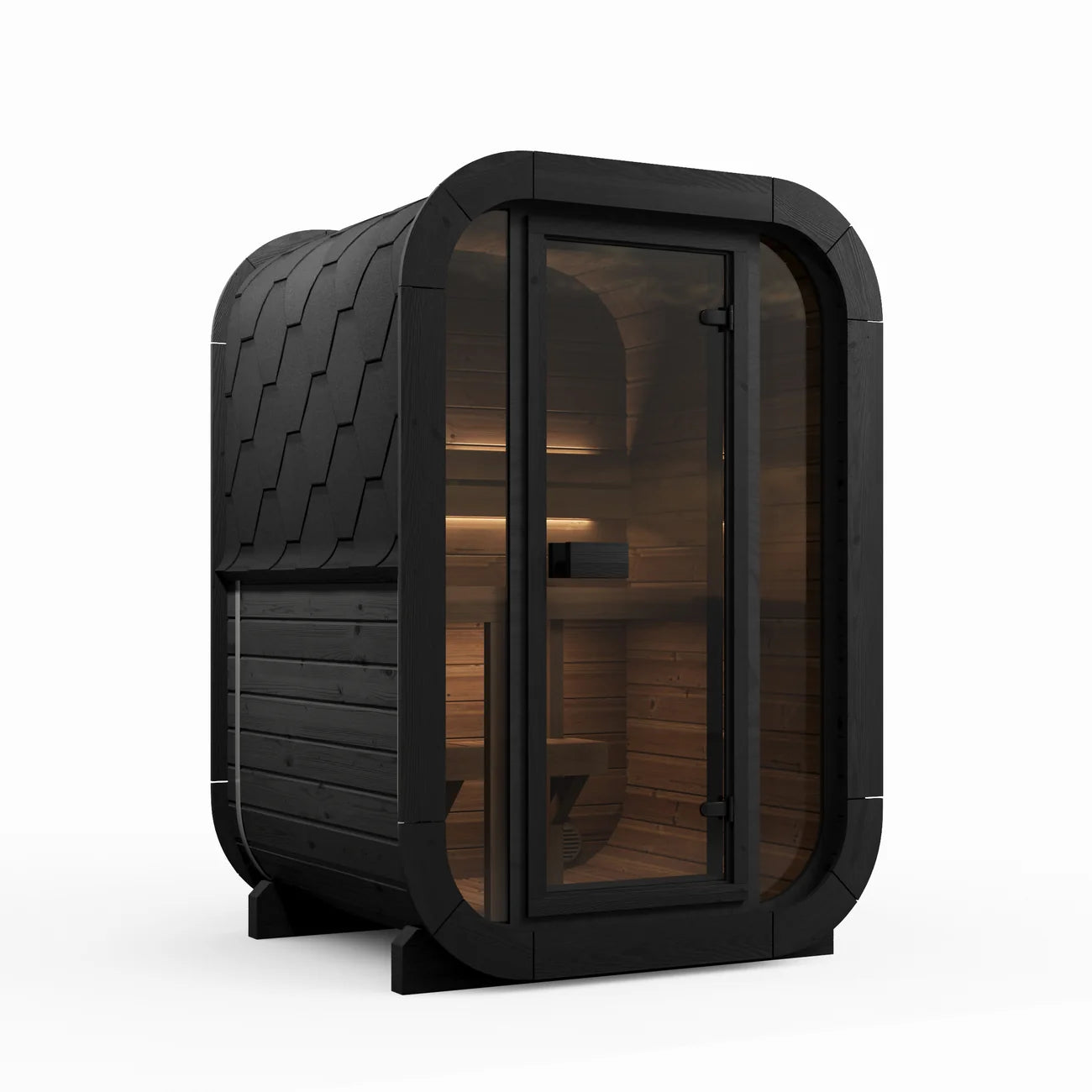 SaunaLife's modern outdoor CL3GB sauna cabin with a black frame, dark textured exterior, and warm wood interior on a white background.