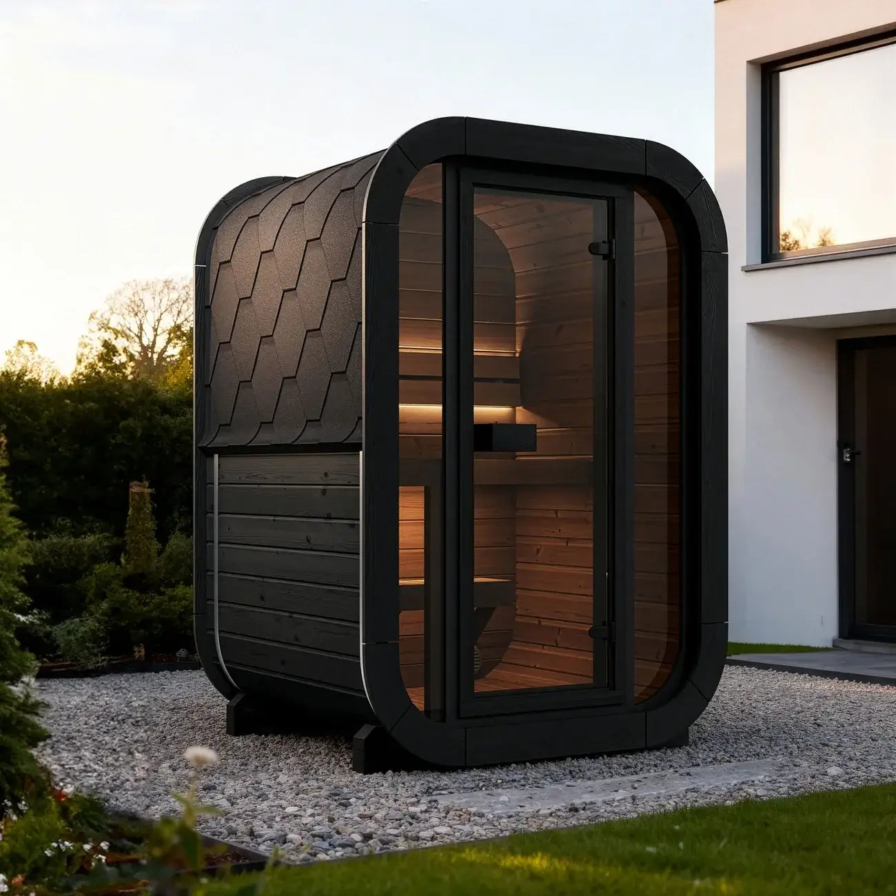 SaunaLife CL3G outdoor sauna kit with modern design and tempered glass front wall in a garden setting.