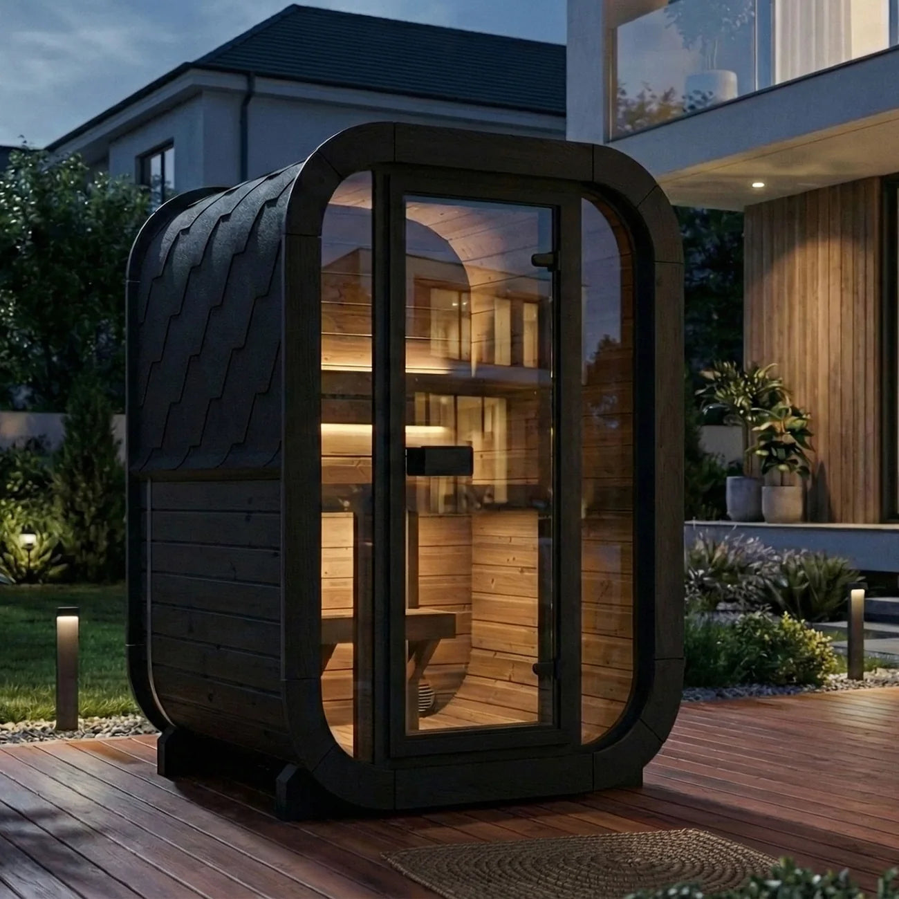 SaunaLife's modern wooden CL3GB sauna cabin with a dark exterior and warm wood interior, situated on a wooden deck outside a house at dusk.
