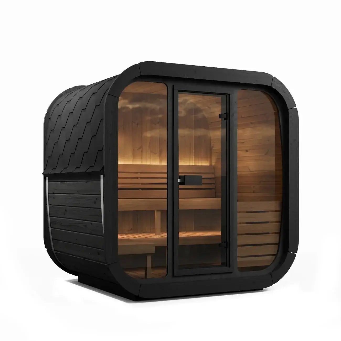 A modern outdoor sauna cabin from SaunaLife, called CL5GB, with a black textured exterior, a glass door, and a warm wood interior with built-in benches, shown on a plain white background.
