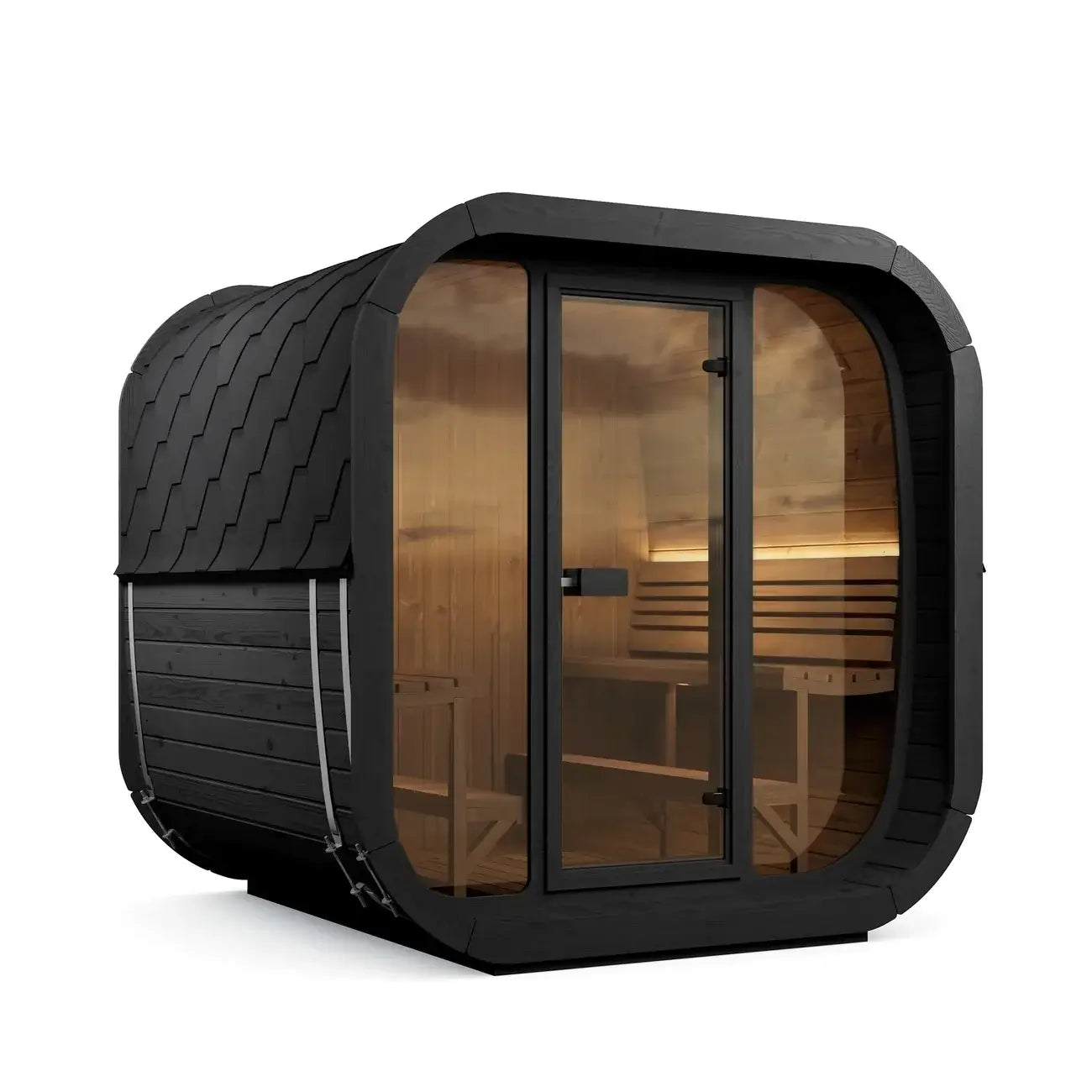 SaunaLife's CL7GB modern outdoor sauna cabin with a black textured exterior, glass double doors, and warm wood interior benches, shown on a plain white background.