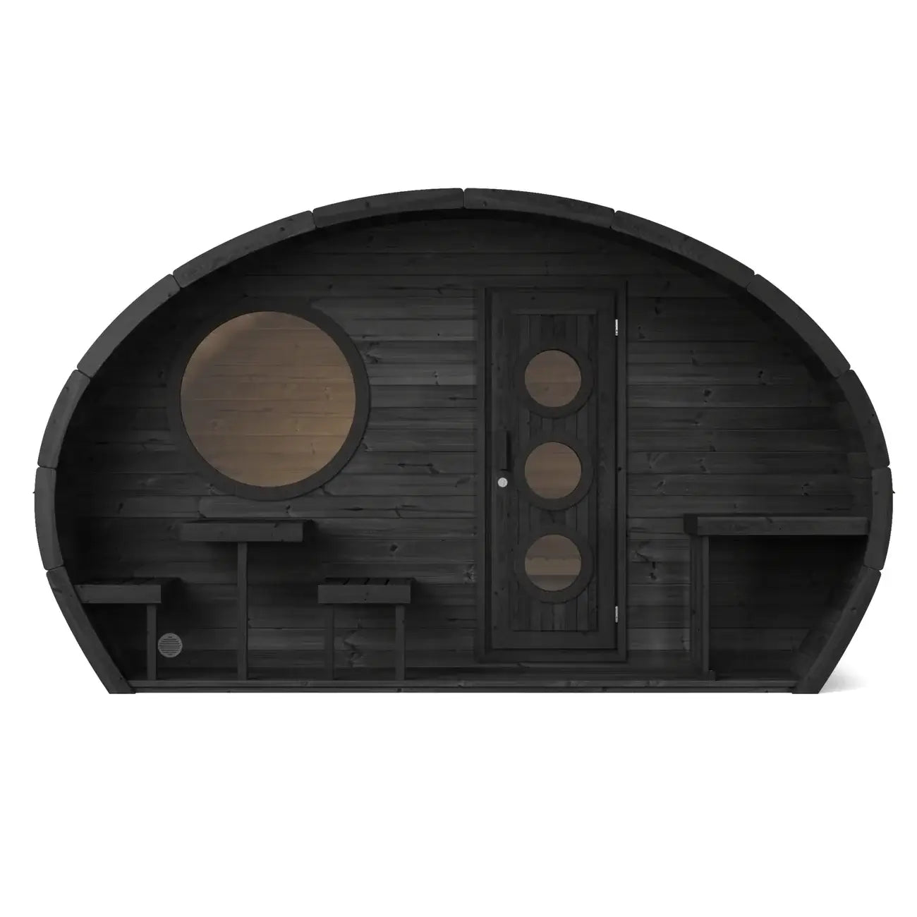 Dark G11 wood sauna cabin by SaunaLife, with a curved silhouette, featuring a black exterior, a central door with three circular windows, and a large round window on the side.