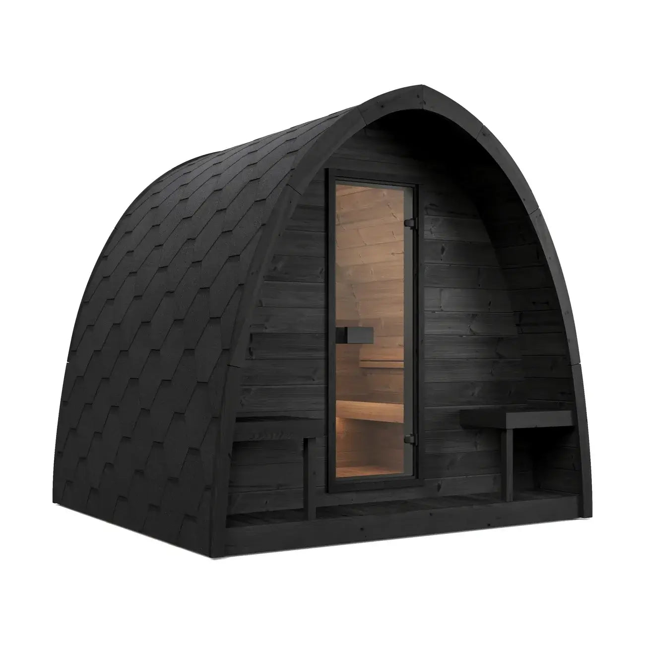 SaunaLife G3, a modern arched wooden sauna cabin with a dark charcoal-black exterior, a glass door, and warm wood interior visible through the window, shown on a plain white background.