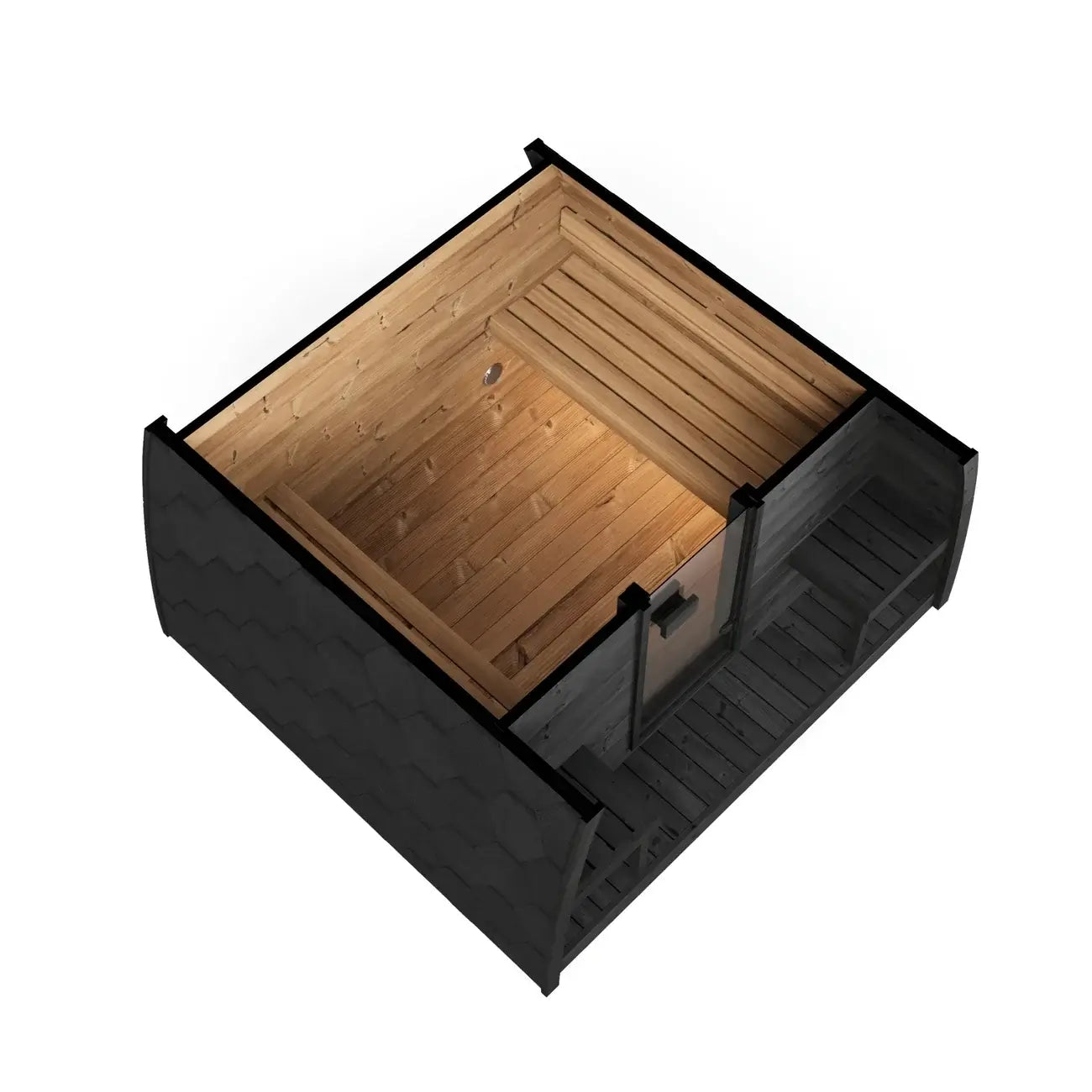 An isometric view of the SaunaLife G3 wooden sauna cabin with a black exterior frame and a warm-toned natural wood interior, shown on a plain white background.