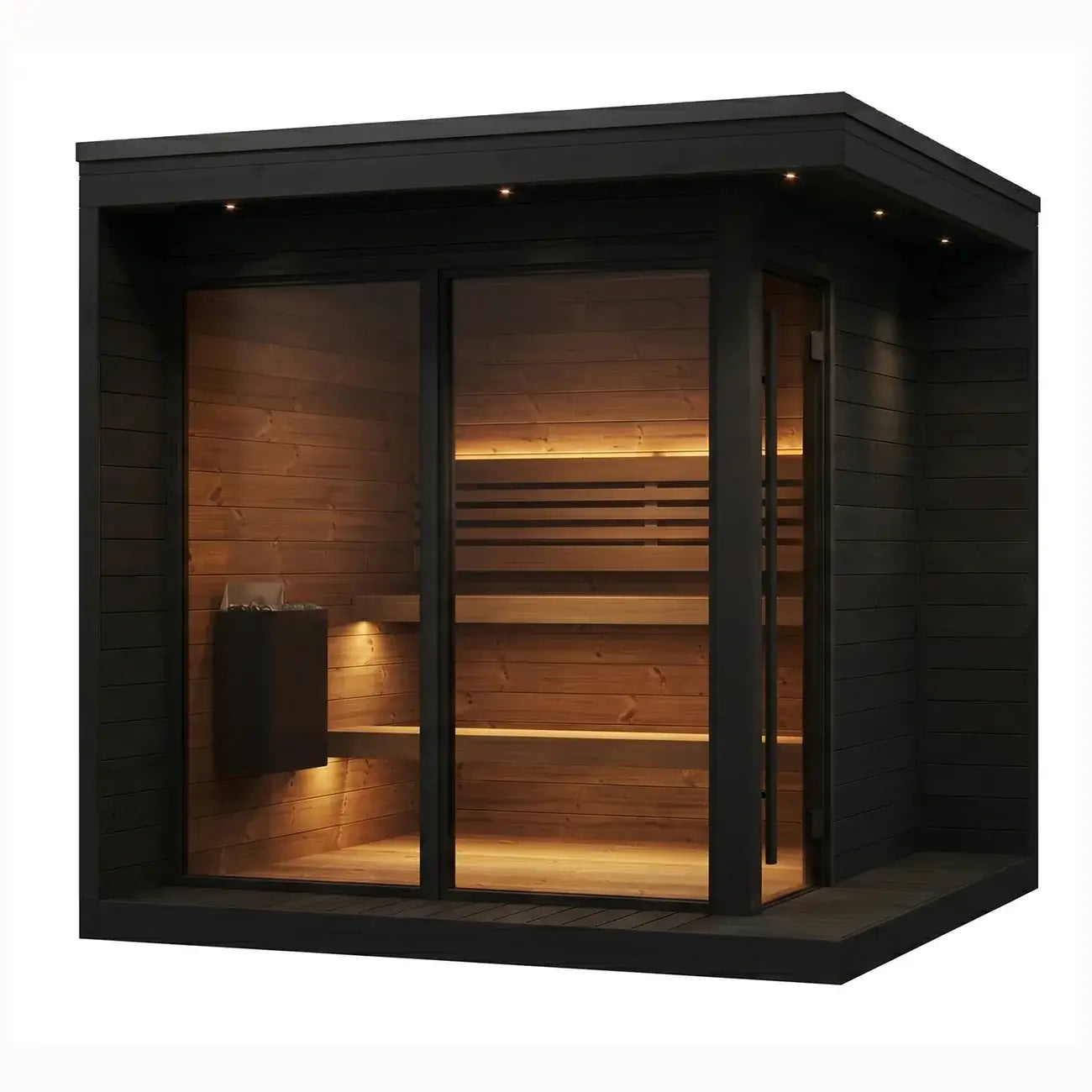 SaunaLife's modern GL6B wooden sauna cabin with a black exterior, a glass door, large windows, and warm wood interior, shown on a plain white background.