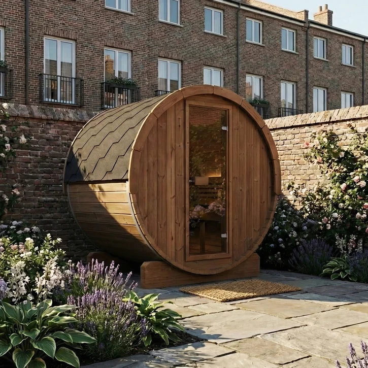 SaunaLife E6 wooden barrel-style sauna cabin with a glass door, set in a stone patio garden with blooming flowers and a brick building in the background.