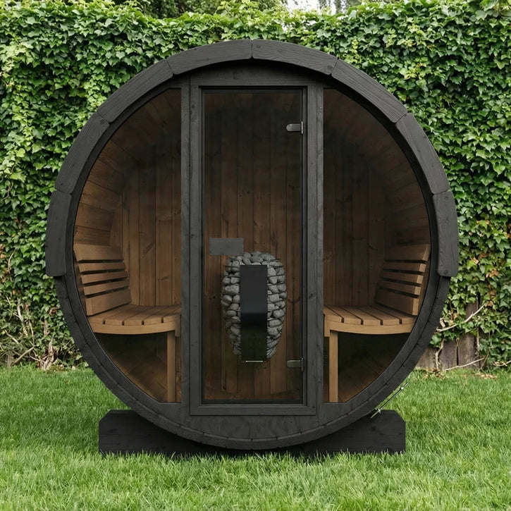 SaunaLife E7G 4-Person Barrel Sauna w/ Glass Front | Ergo Model E7G