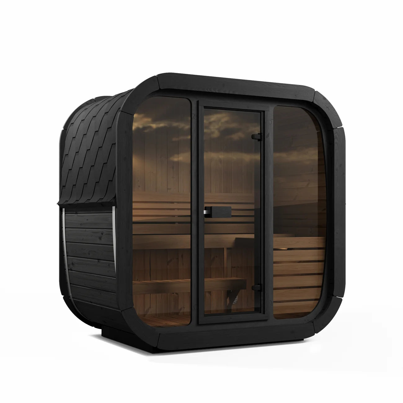 SaunaLife's CL4GB modern wooden outdoor sauna cabin with a glass doors, large windows and a curved black frame, on a white background.