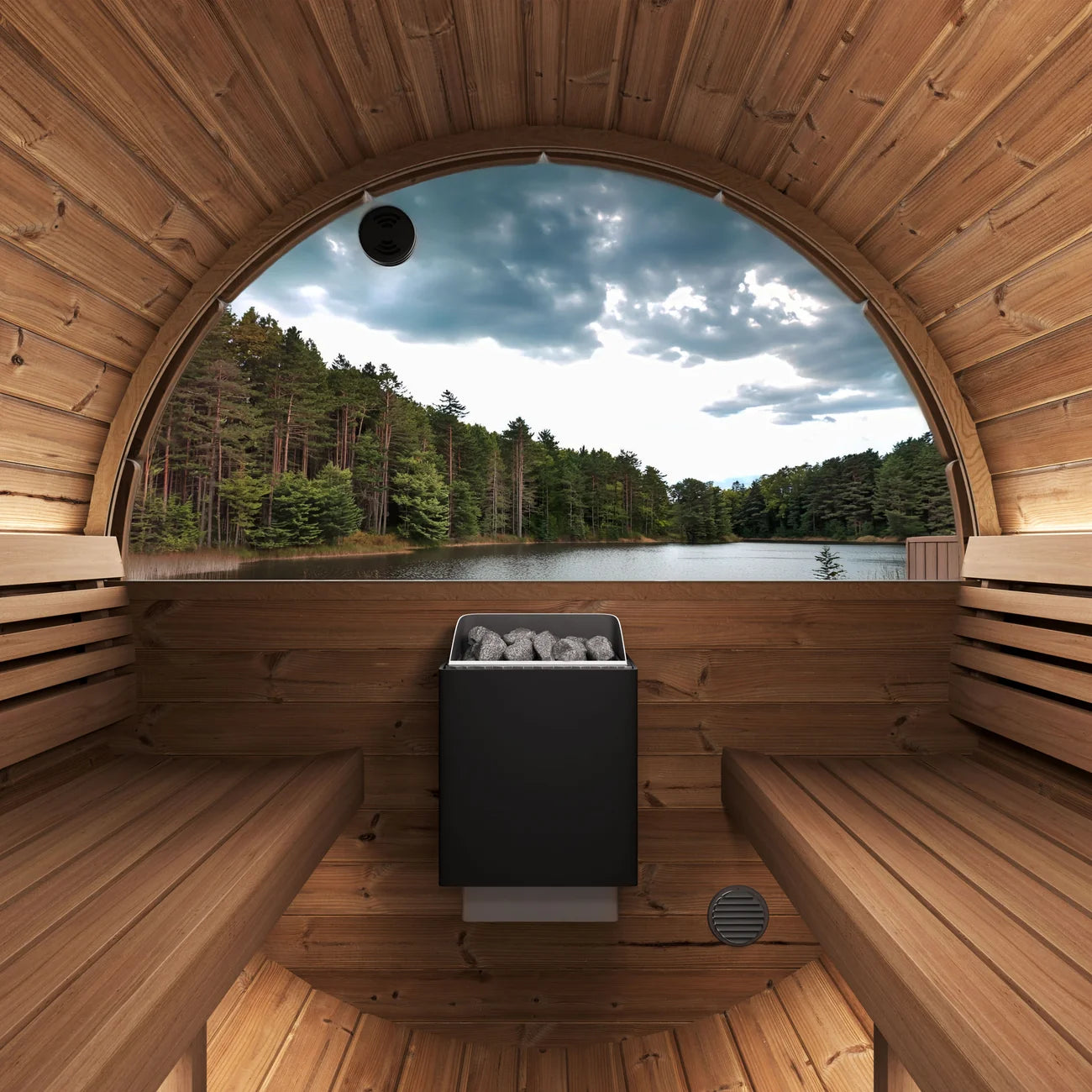 SaunaLife E6W 2-4 Person Barrel Sauna with Panoramic Rear Window | Ergo Model E6W