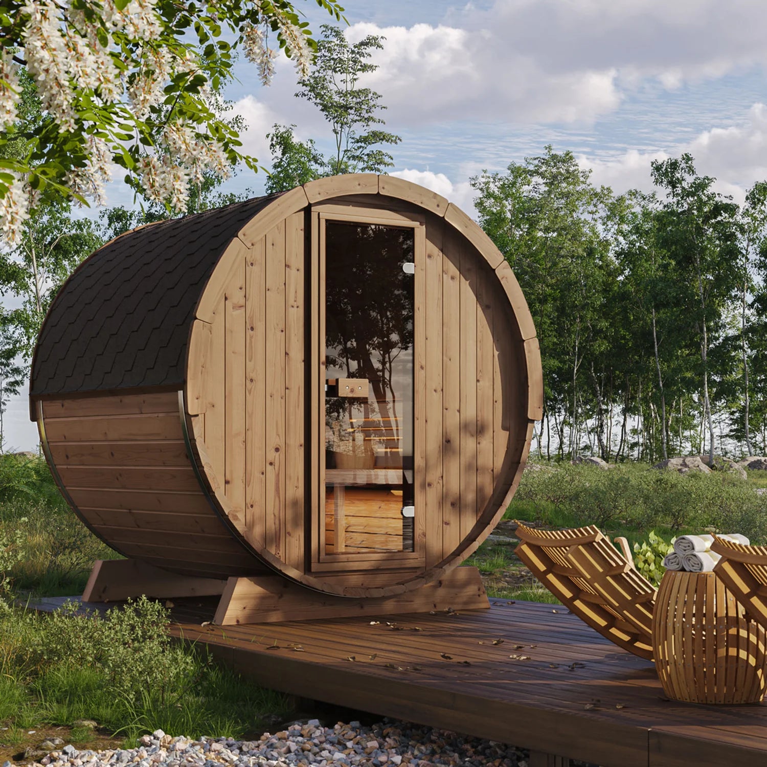 SaunaLife E7W 4-Person Barrel Sauna w/ Rear Window | Ergo Model E7W