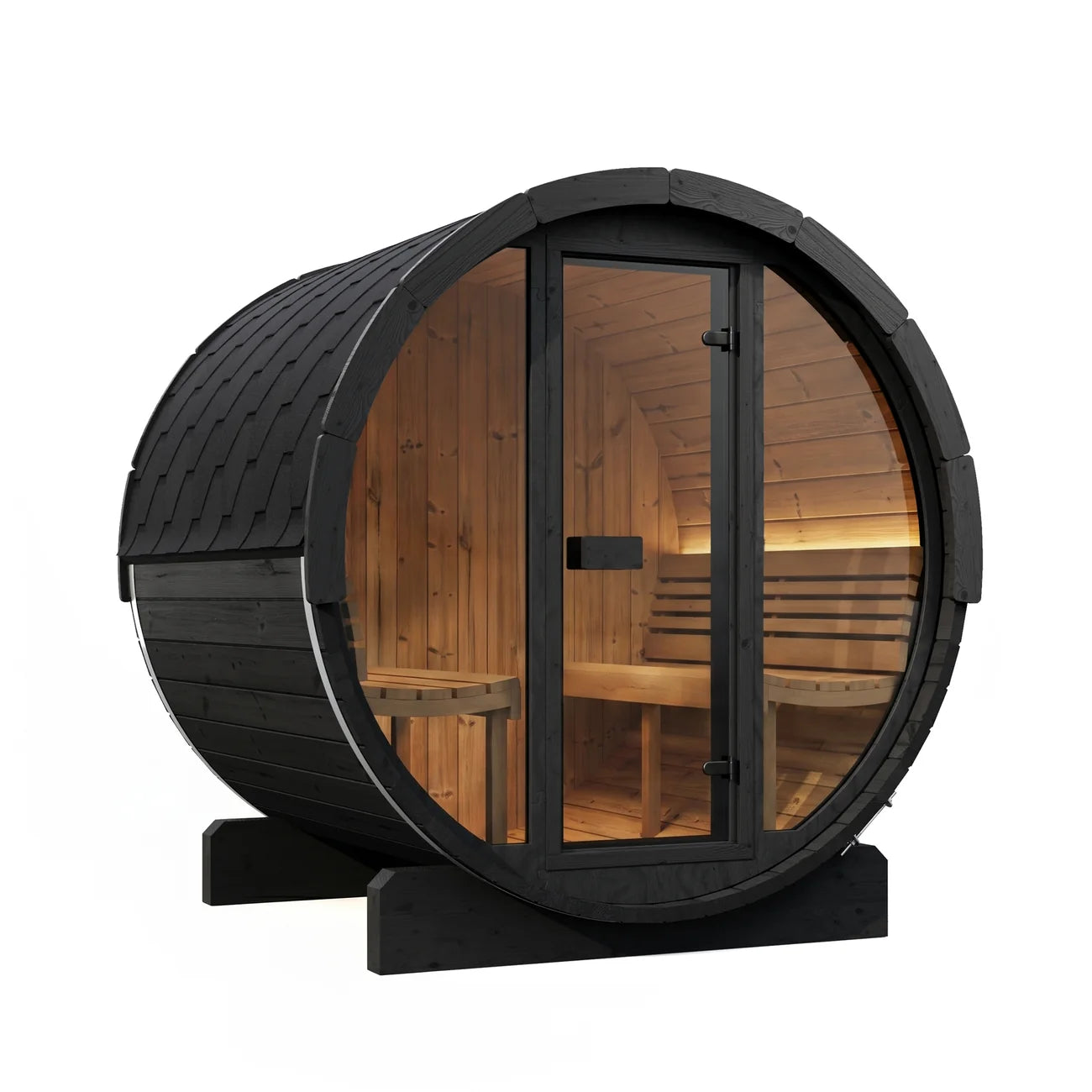 SaunaLife E7GB, 4 person wooden barrel-style sauna with a black exterior, dark shingled dome roof, with full front glass wall, and warm wood interior, shown on a plain white background.