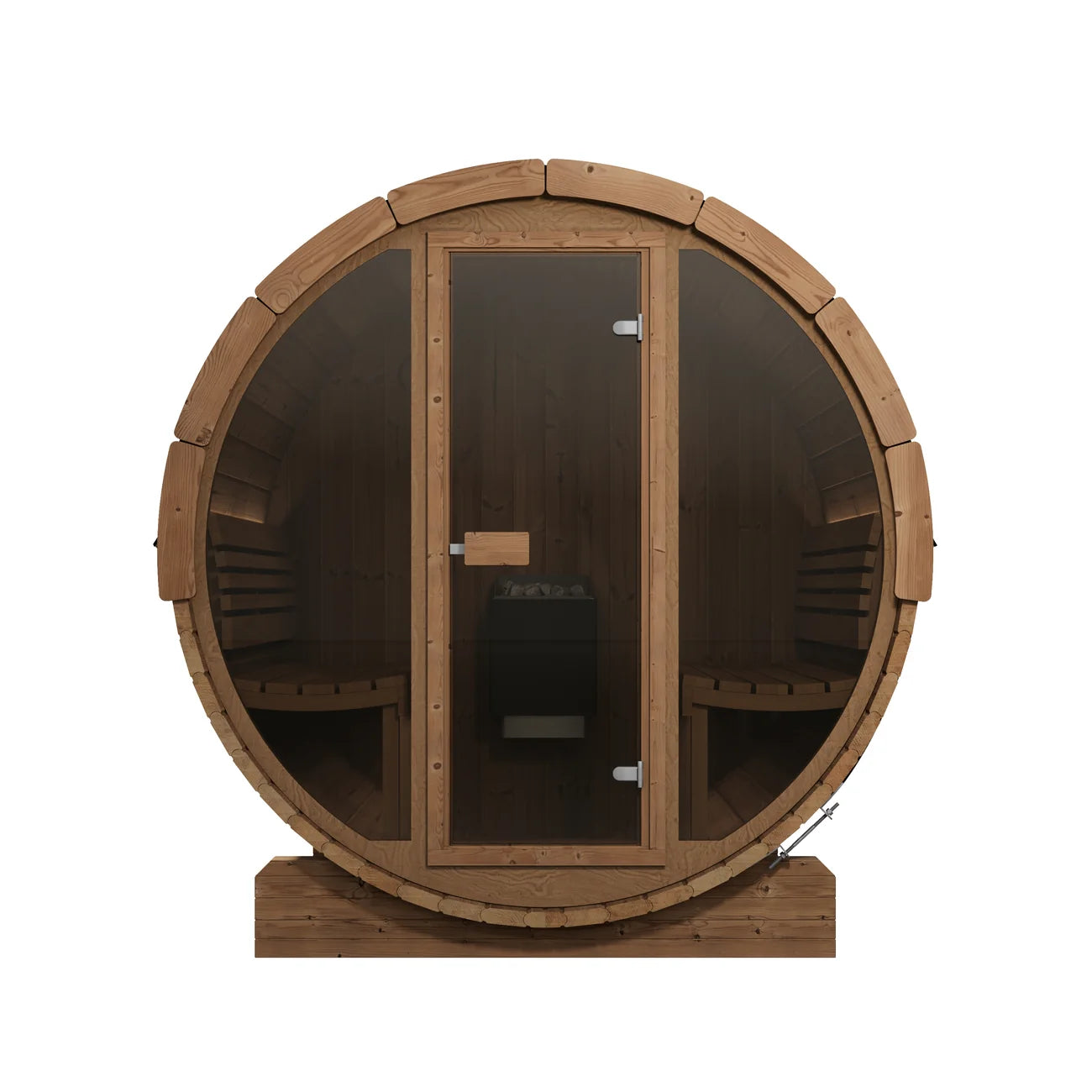Round wooden E7G sauna cabin from SaunaLife shown on a plain white background, with a glass front door facing us, and two glass panels on each of its sides, inside the sauna there are two built-in wooden benches and the Harvia KIP heater on the back wall.