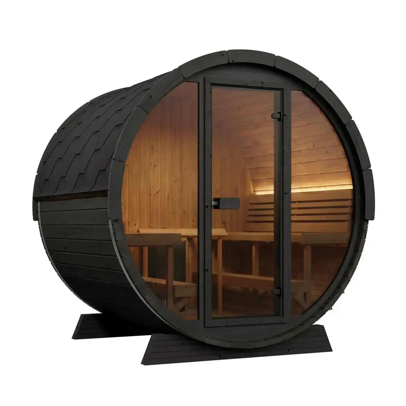 Modern wooden EE8GB sauna cabin by SaunaLife with a dark charcoal exterior, a large wrap-around glass door, and warm wood interiors, shown on a plain white background.
