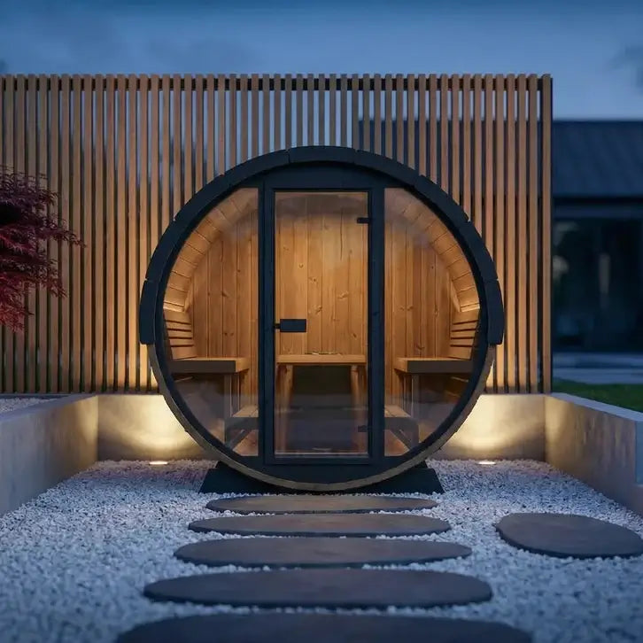 Modern outdoor SaunaLife EEG8 with circular design, wooden walls and big front windows at dusk.