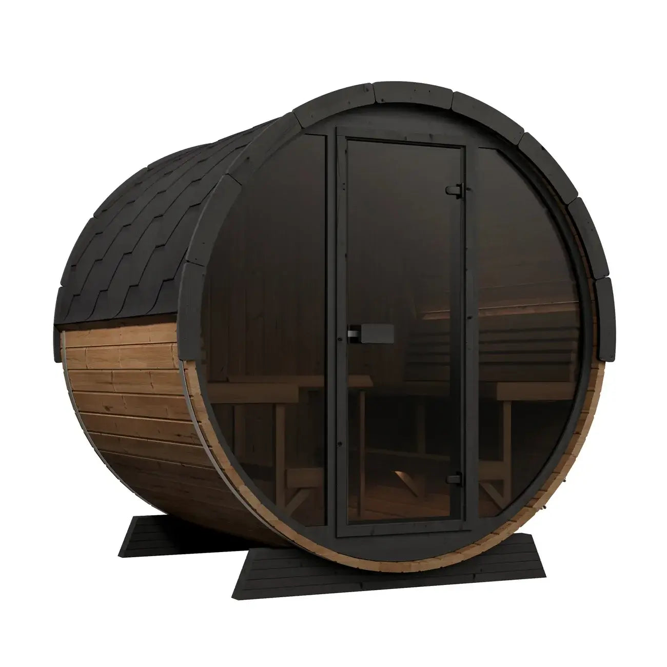 SaunaLife EE8G wooden barrel-shaped sauna with a black roof on a white background