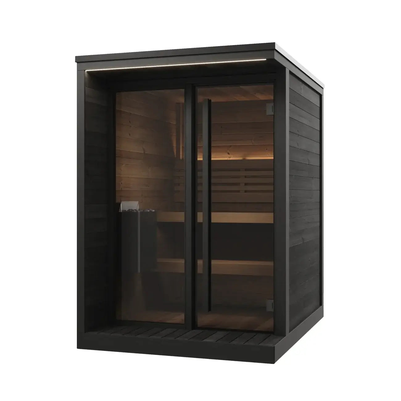 SaunaLife's modern GL4B outdoor sauna cabin with a dark charcoal gray wood-look exterior, a large glass door and window, as well as a warm wood interior with built-in benches.