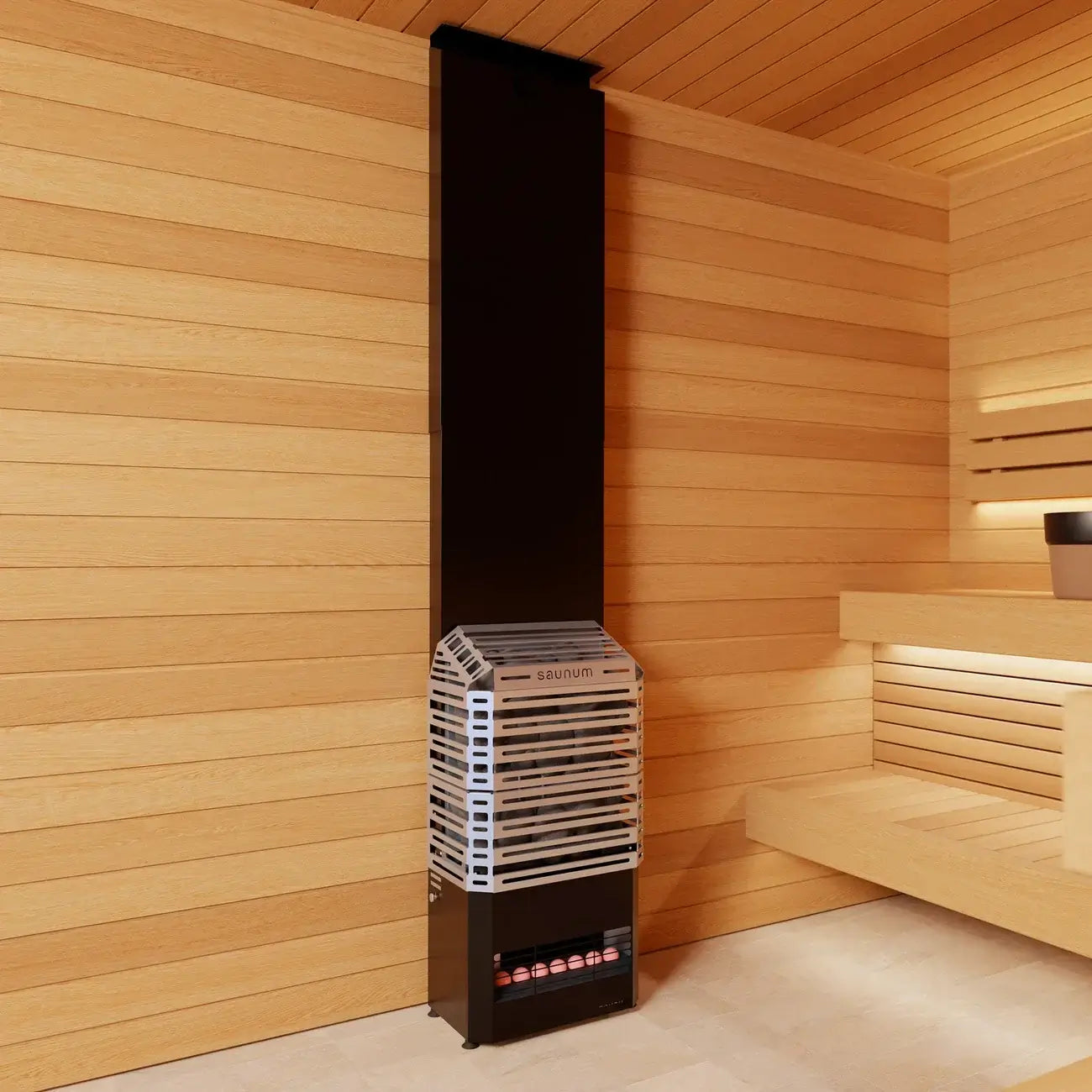 Saunum AIR 5 sauna heater with open stone basket in a wooden sauna room