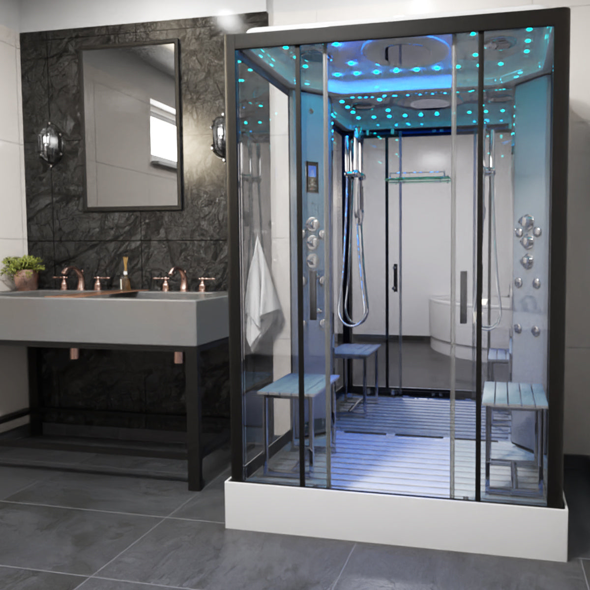 Insignia Platinum Black Framed Rectangular Twin Steam Shower Cabin 1400 x 900