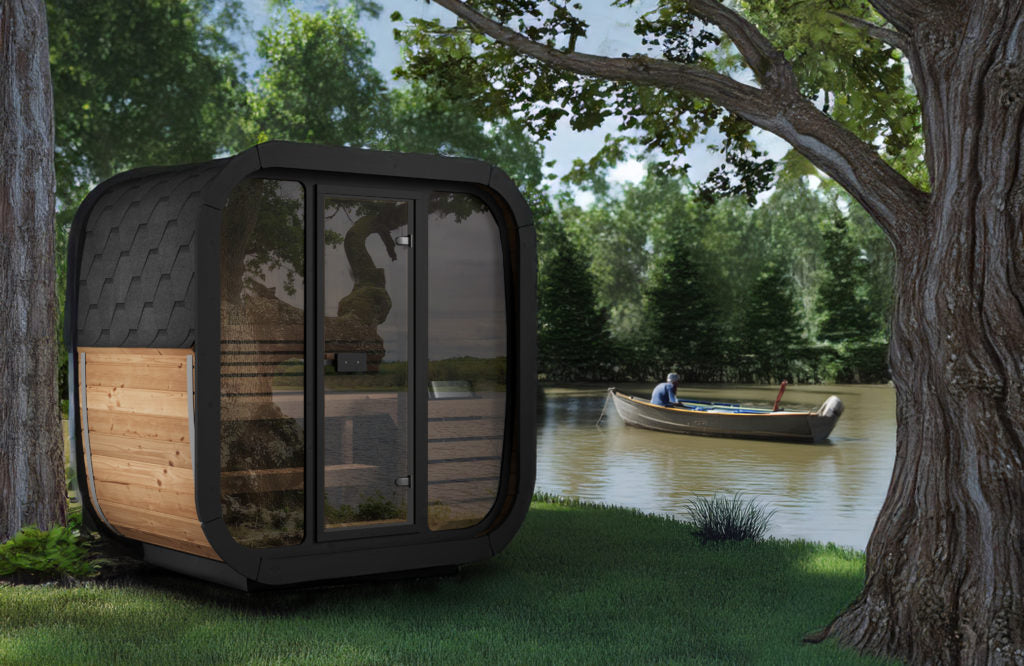 SaunaLife CL4G outdoor sauna full-glass front view in a beautiful outdoor setting