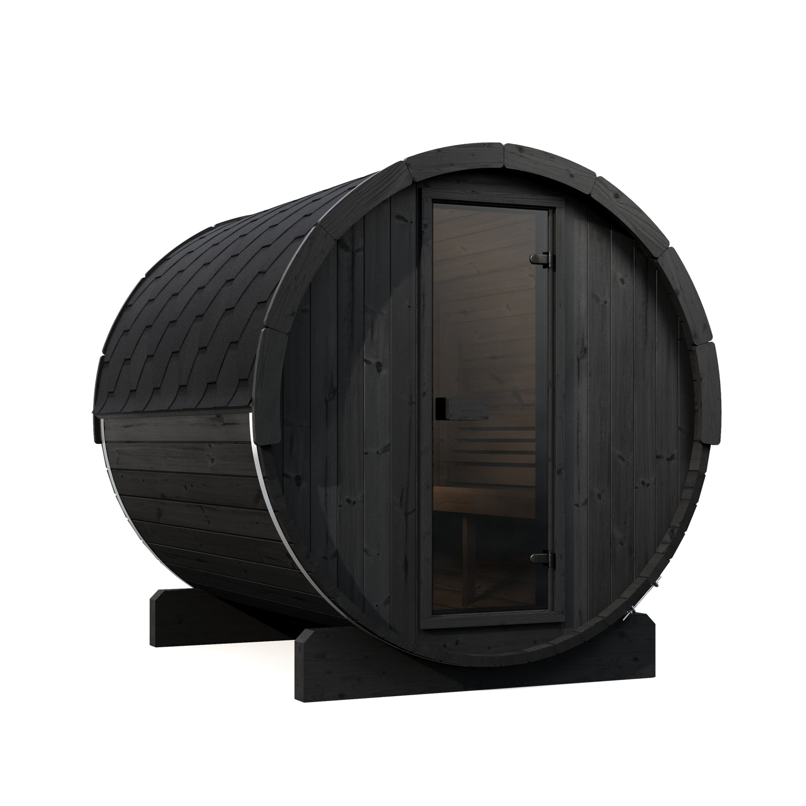 SaunaLife E8B black 6-person barrel-shaped sauna with a door on a white background