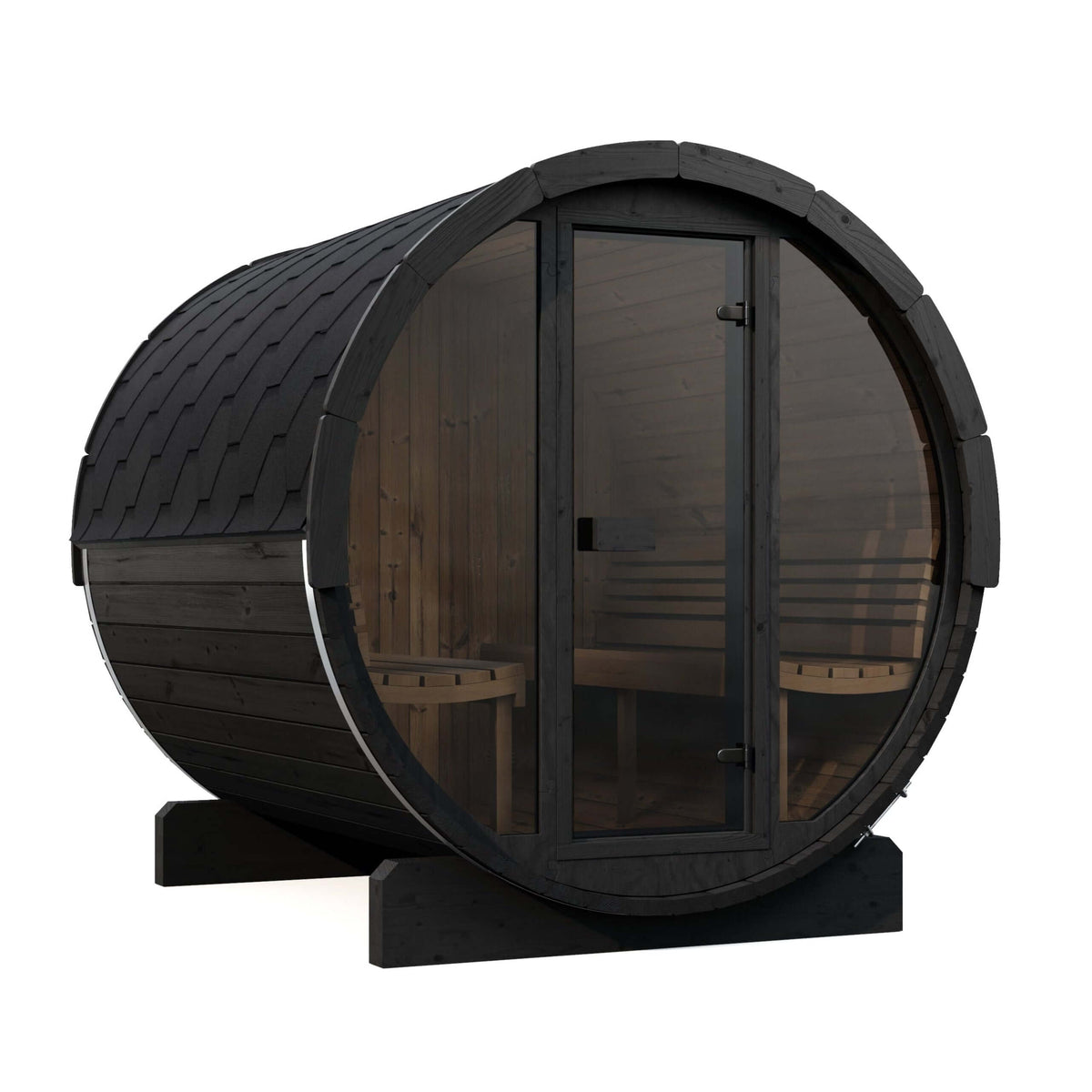 SaunaLife's EE8GB dark wood barrel-style sauna with a curved exterior, glass door and windows, visible wooden interior benches, and a black support base, shown on a plain white background.