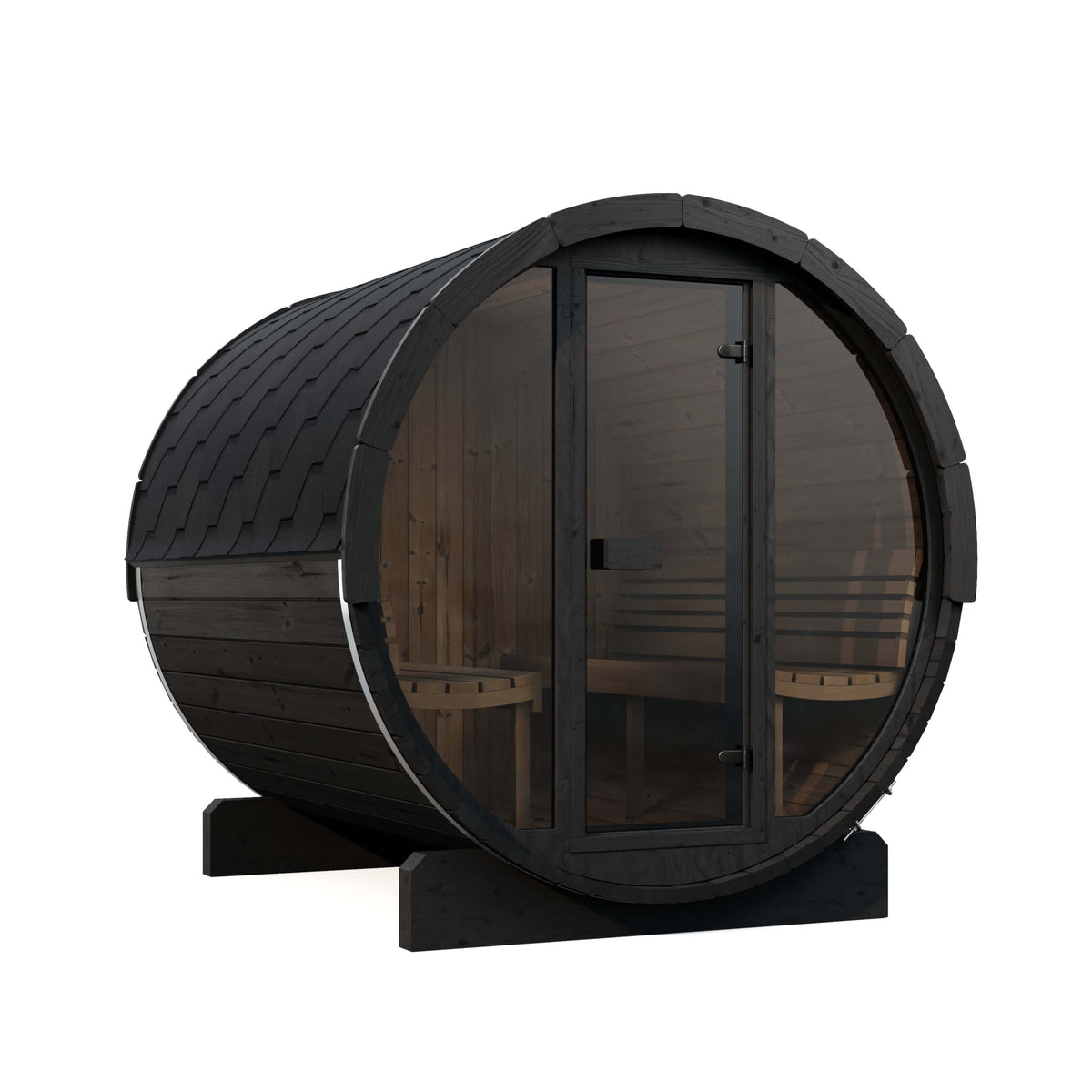 SaunaLife E8G dark wood barrel-style sauna with a barrel shape, full glass front including a glass door, visible wooden interior benches, and a black support base, shown on a plain white background.