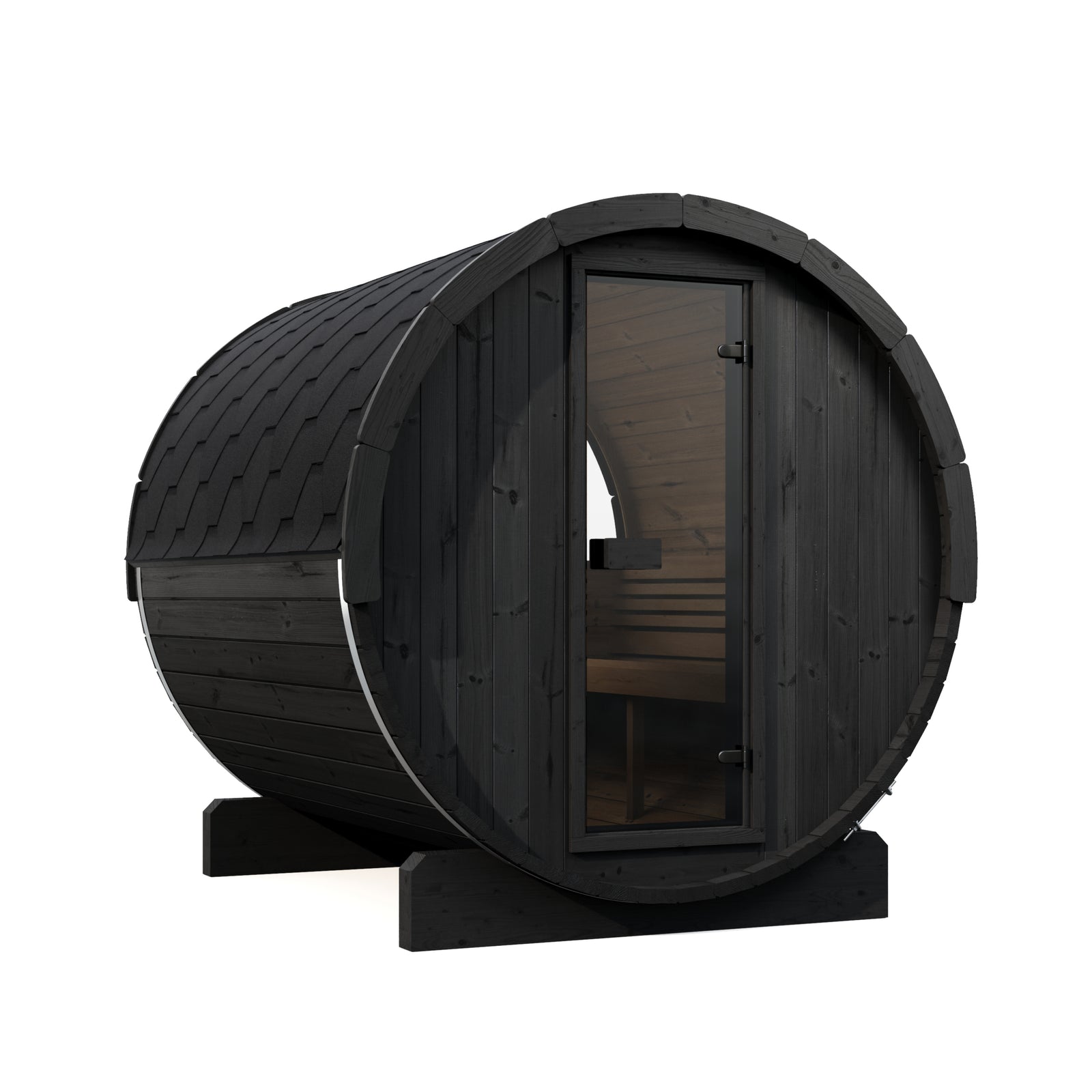  SaunaLife E8W six-person black-painted Thermo-Spruce barrel sauna on a white background