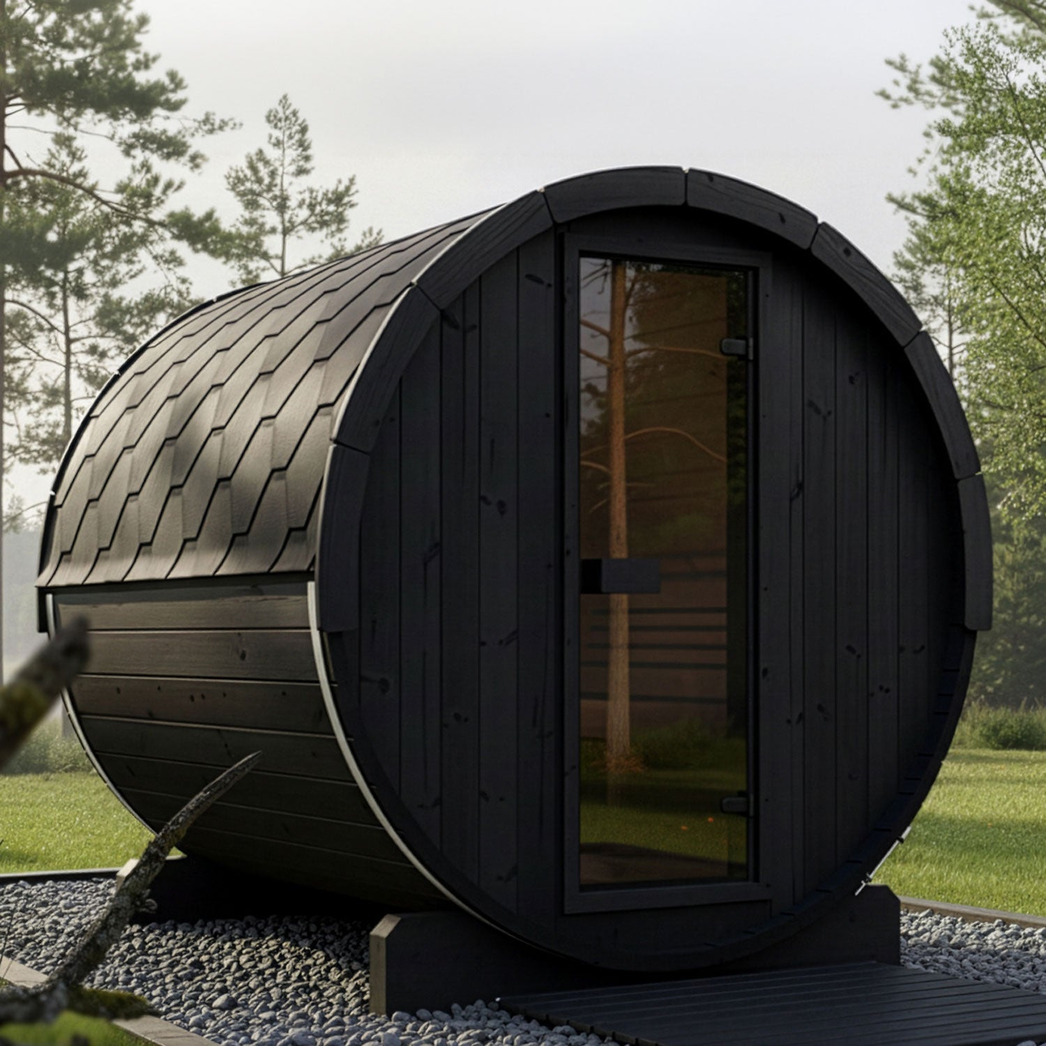 SaunaLife E8 modern black wooden barrel-shaped sauna with a glass door, situated outdoors on a gravel base with trees in the background.