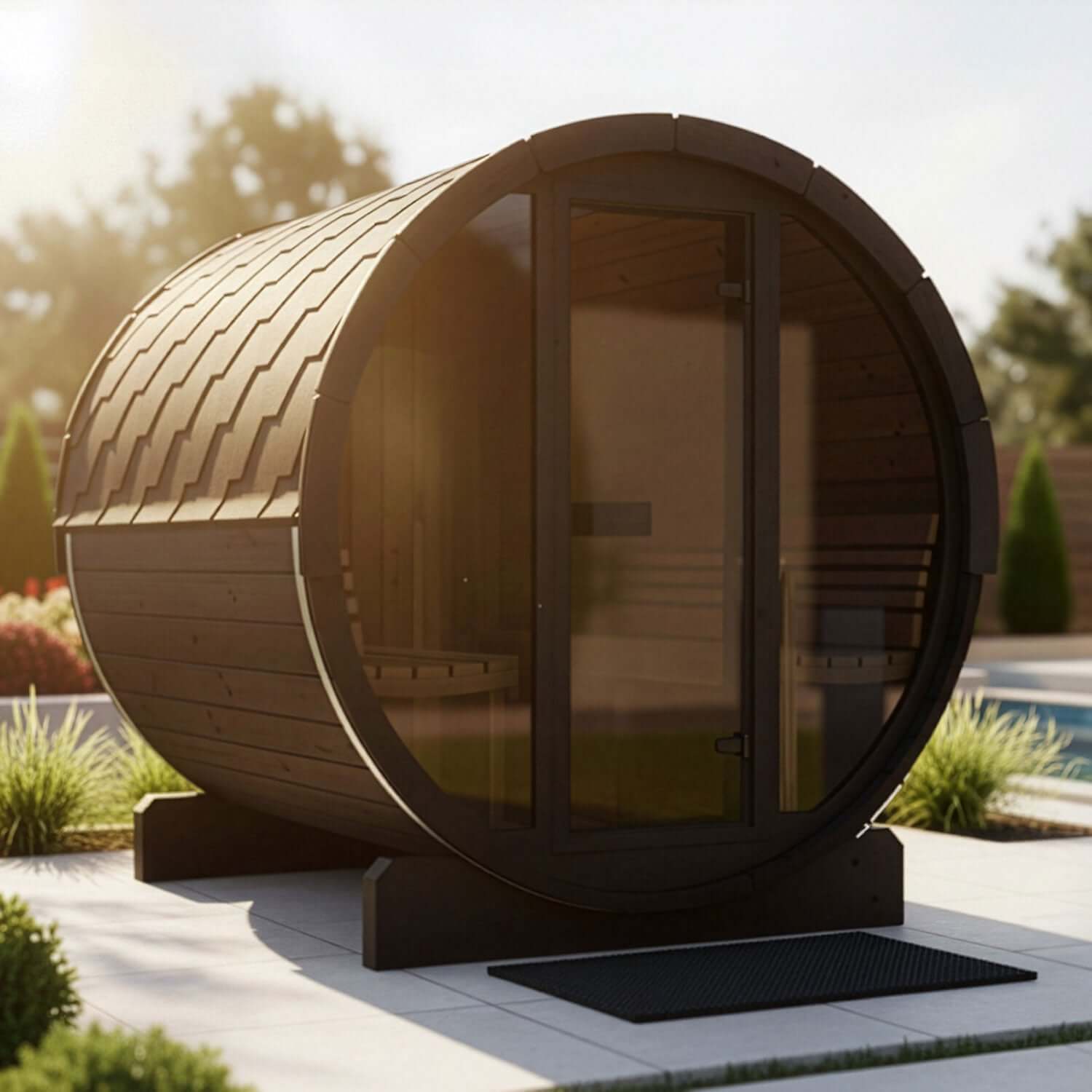 SaunaLife E8G modern wooden sauna cabin with a black wood exterior, large glass windows, and a black entry mat, shown outdoors on a patio with plants and a pool in the background.