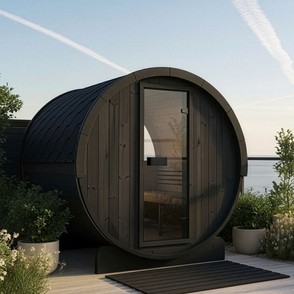 Dark SaunaLife E8WB wood barrel-shaped sauna with a glass door, situated on a wooden deck outdoors with plants, water, and a clear sky in the background.