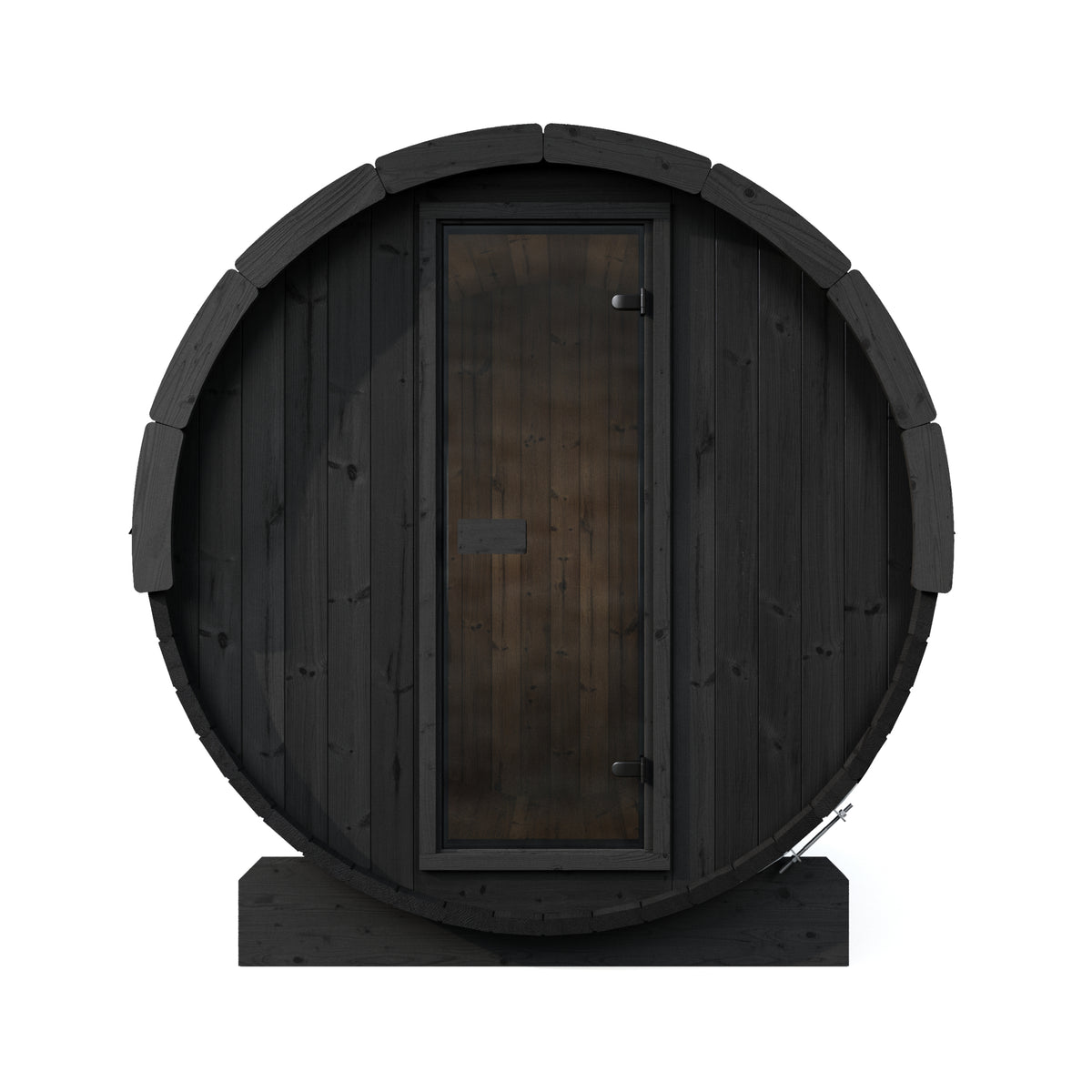 SaunaLife E8B round wooden sauna cabin with a dark charcoal exterior and a central door made of black wood, shown on a plain white background.