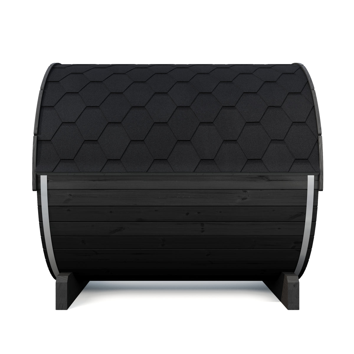 SaunaLife E8B thermo-spruce outdoor barrel sauna with a dark gray hexagonal-patterned shingle roof and black-painted wooden sides, shown on a plain white background