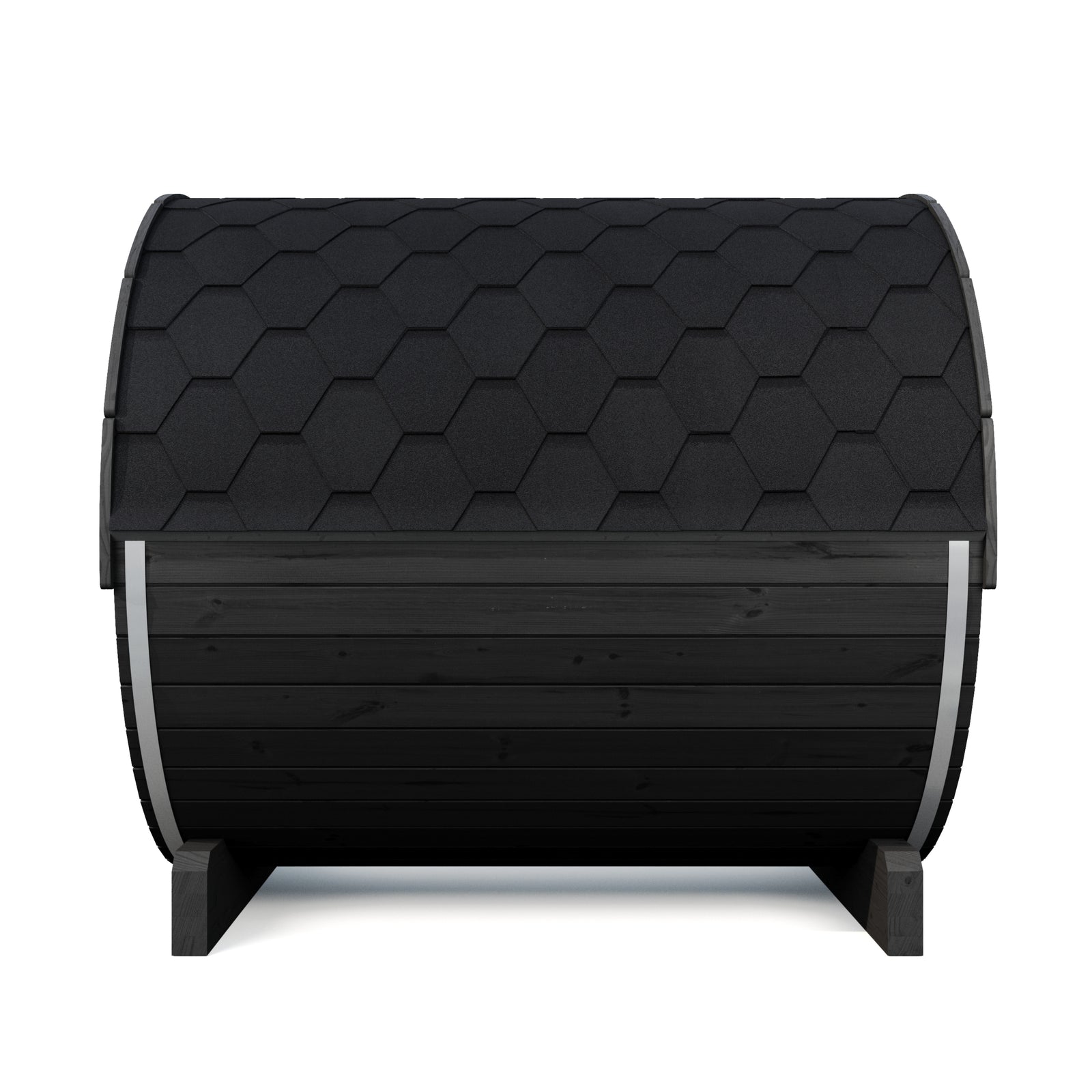 SaunaLife E8B thermo-spruce outdoor barrel sauna with a dark gray hexagonal-patterned shingle roof and black-painted wooden sides, shown on a plain white background
