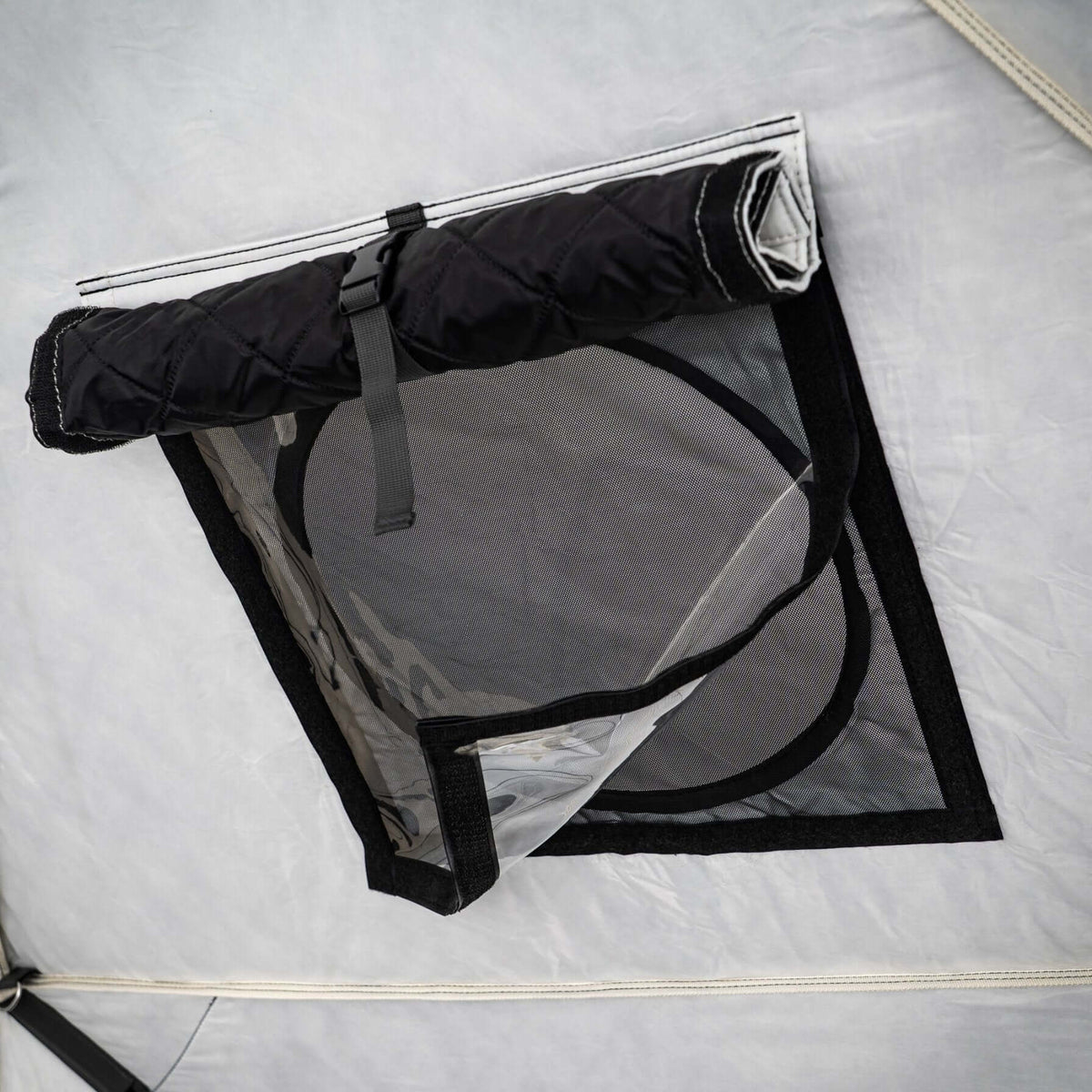 Interior view of SaunaLife SaunaTrekker XL Portable Sauna Tent showing the ventilation window with flap.