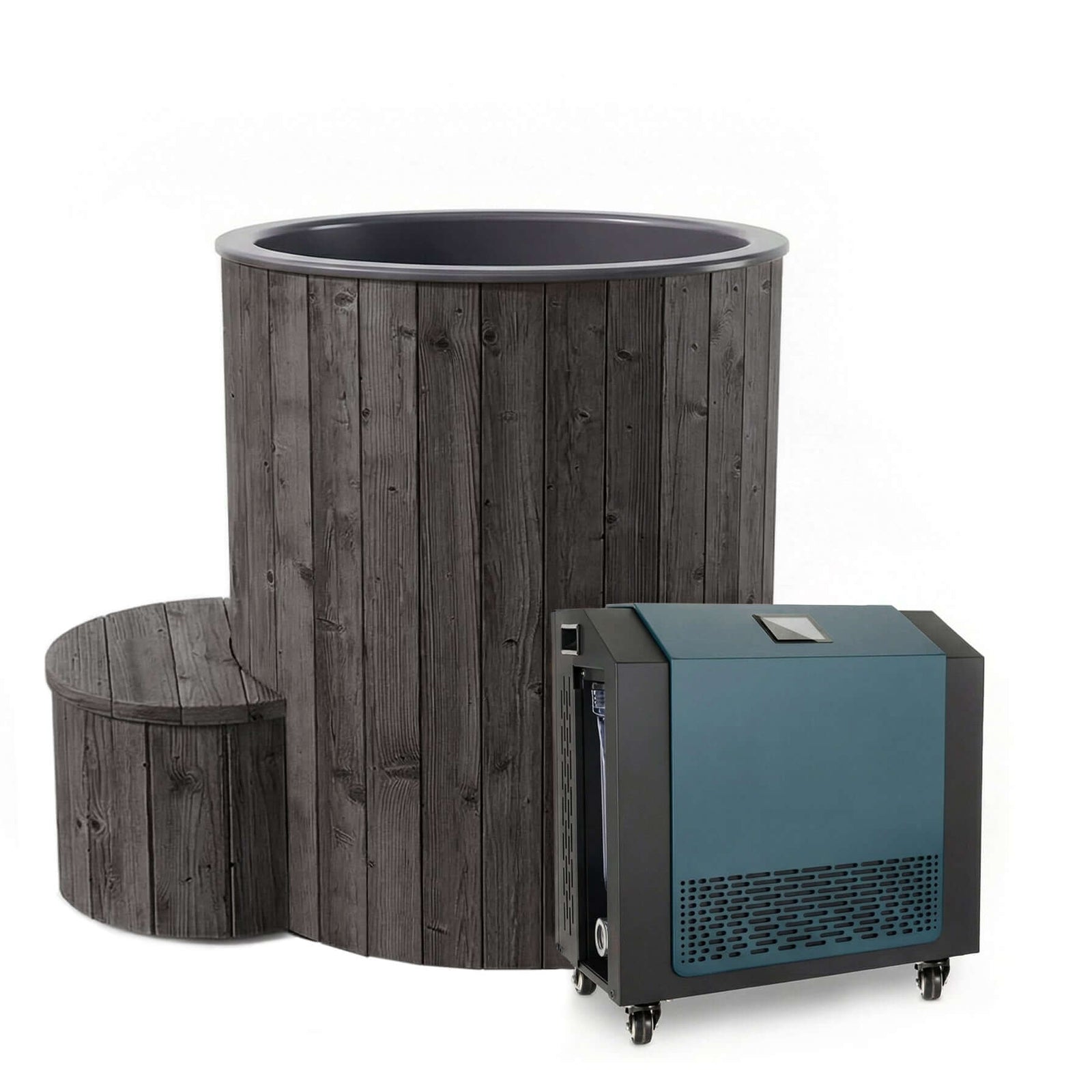 SaunaLife's wooden S1B 1-person hot and cold immersion tub with black and blue FDC-1A chiller/heater unit on a white background