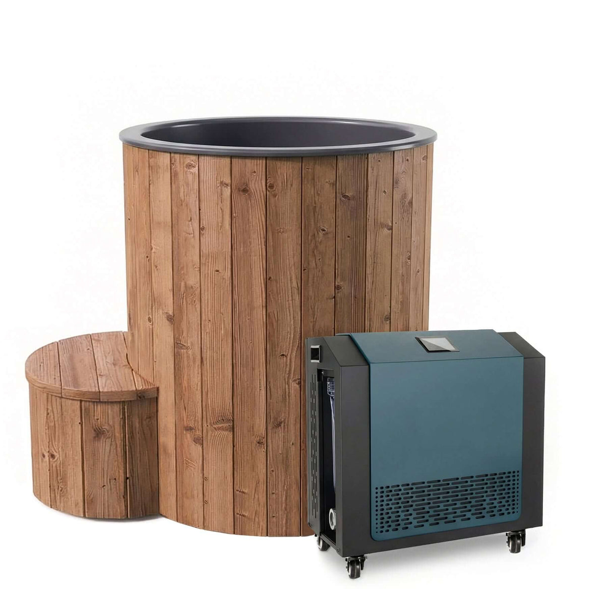 Wooden barrel SaunaLife S1N plunge tub with a blue and black water heater and chiller unit on a white background