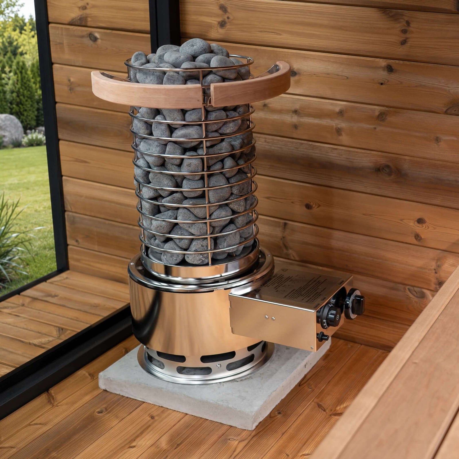 SaunaLife TITAN SL1 Portable Propane Sauna Heater with stone rack for authentic sauna experience.