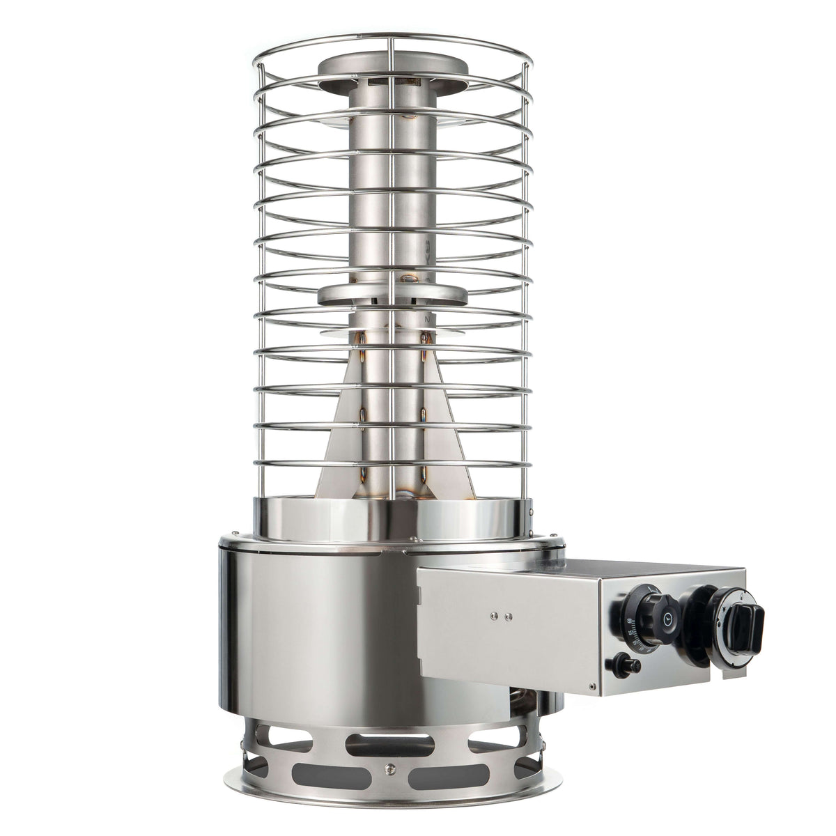SaunaLife TITAN SL1 Portable Propane Sauna Heater featuring a stainless steel design and adjustable controls.