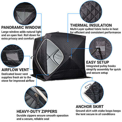 SaunaLife SaunaTrekker Portable Sauna Tent features including thermal insulation, panoramic window, and easy setup.