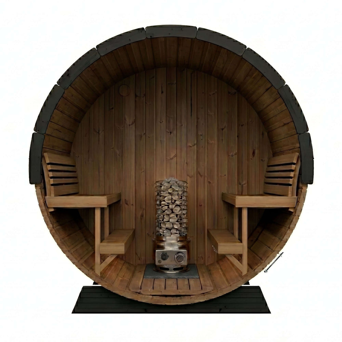 Interior view of the SaunaLife TITAN SL1 Portable Propane Sauna Heater showcasing wooden benches and stove.
