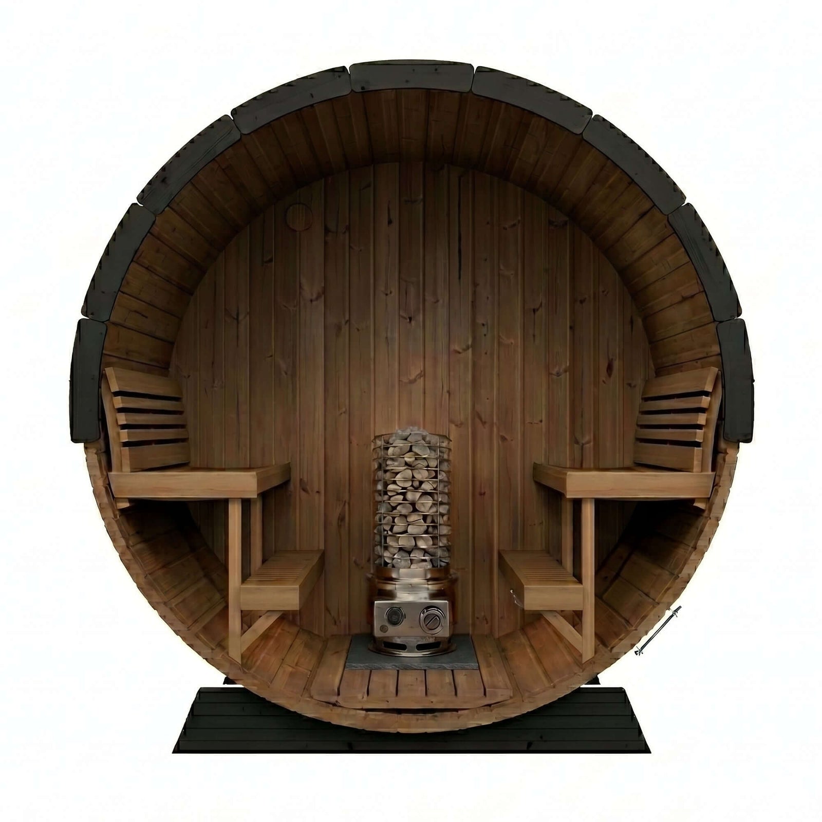 Interior view of the SaunaLife TITAN SL1 Portable Propane Sauna Heater showcasing wooden benches and stove.
