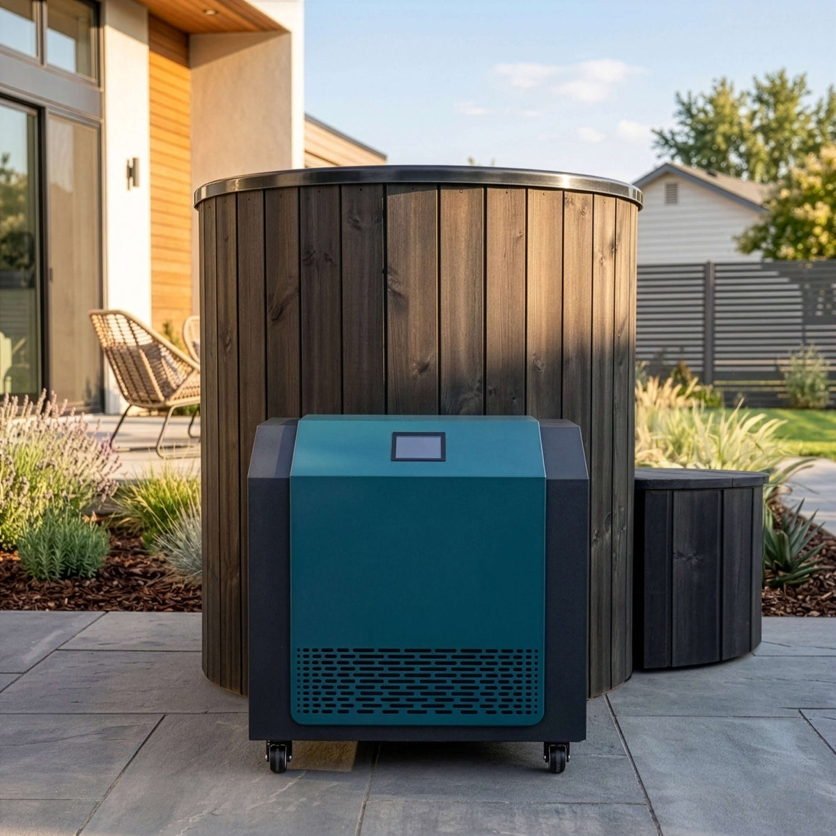 SaunaLife's dark charcoal gray outdoor S1B hot and cold tub with a matching curved step stool, on a patio with a garden in the background