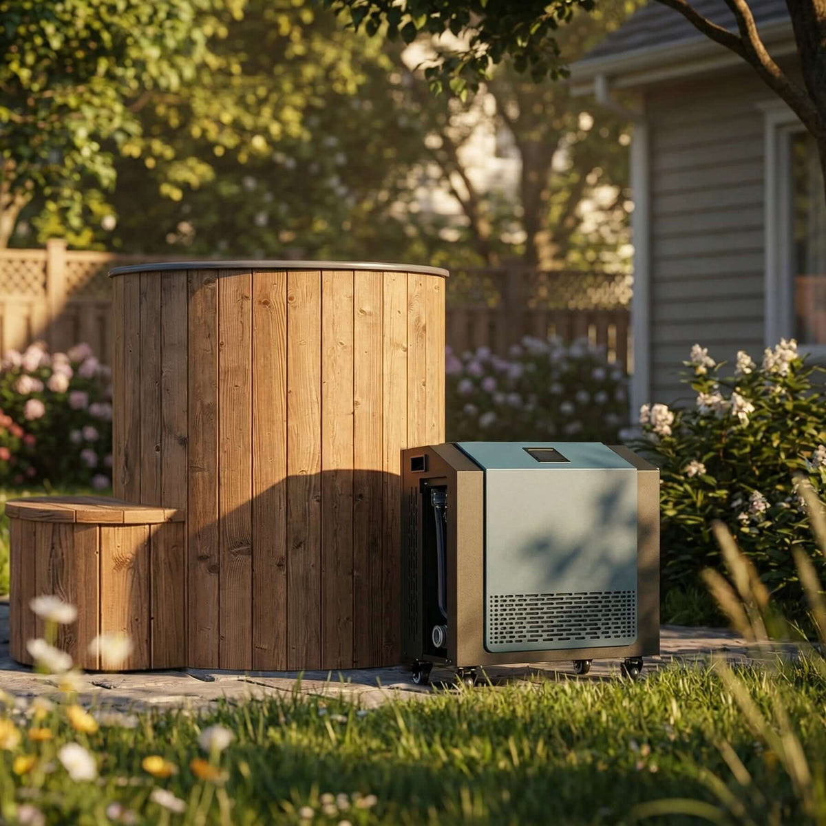 Outdoor wooden S1N plunge tub, by SaunaLife, next to the Finnmark FDC-1A chiller in a garden setting at sunset